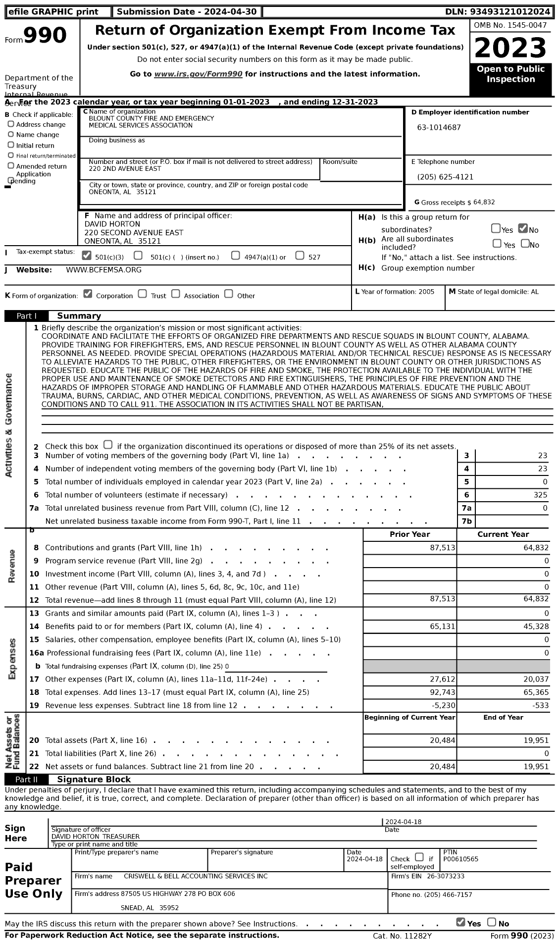 Image of first page of 2023 Form 990 for Blount County Fire and Emergency Medical Services Association