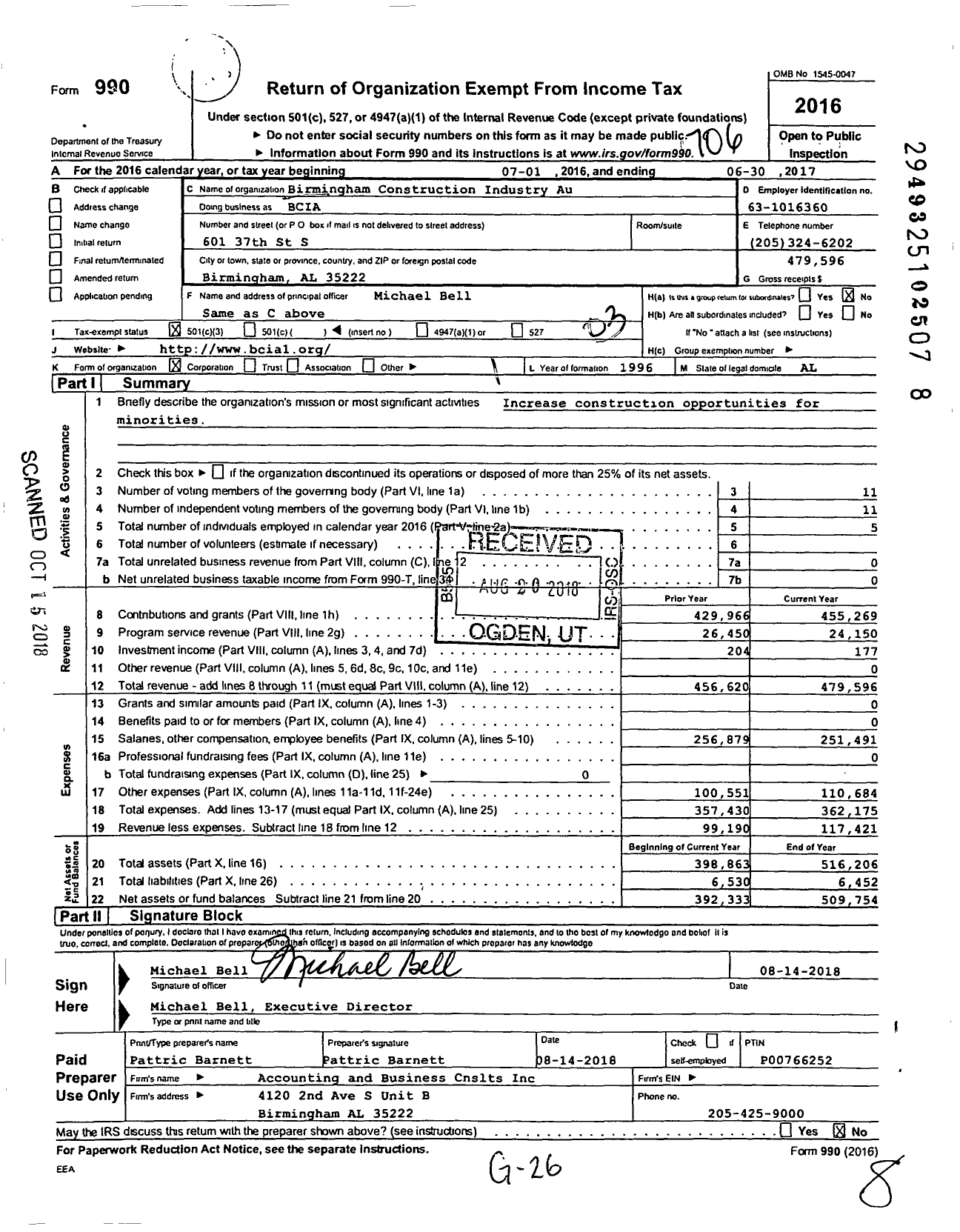 Image of first page of 2016 Form 990 for Birmingham Construction Industry Au (BCIA)