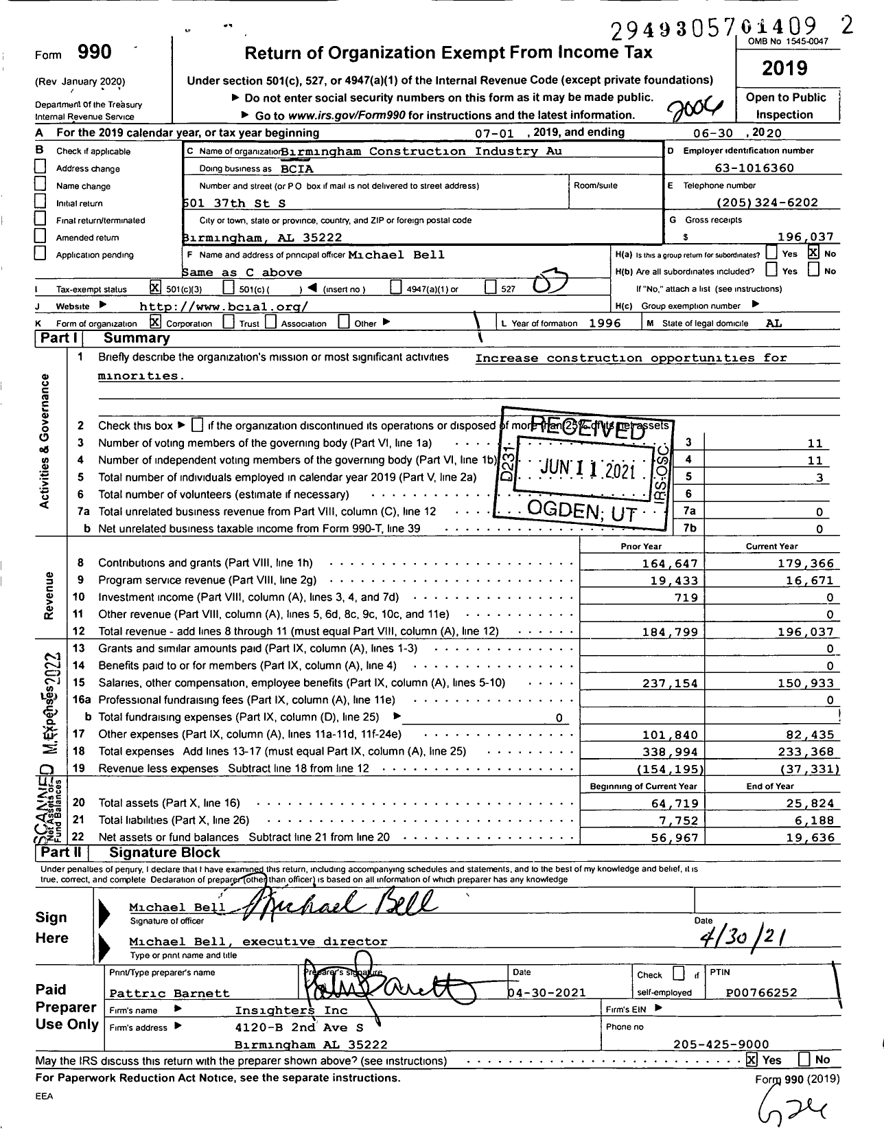 Image of first page of 2019 Form 990 for Birmingham Construction Industry Au (BCIA)