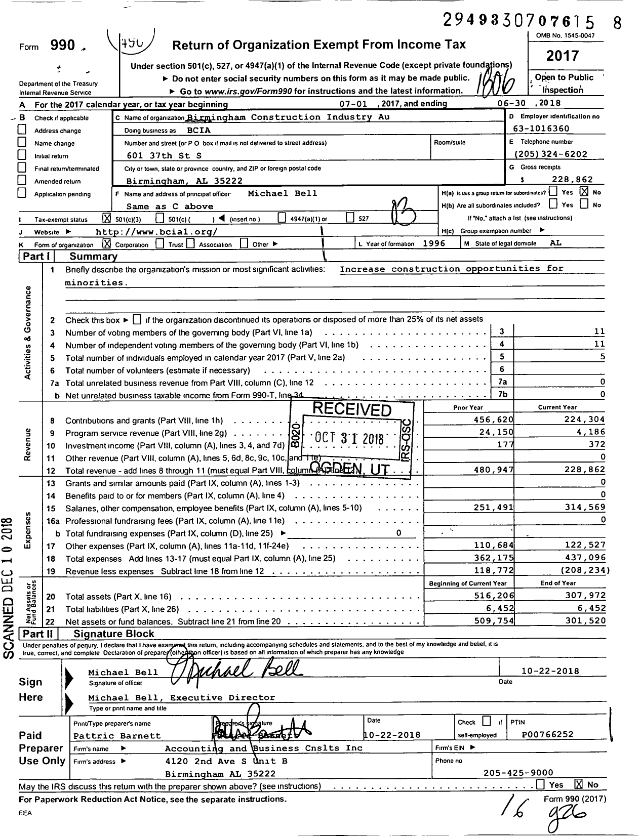 Image of first page of 2017 Form 990 for Birmingham Construction Industry Au (BCIA)