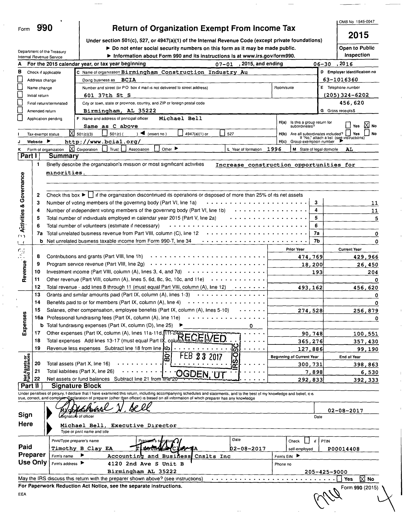 Image of first page of 2015 Form 990 for Birmingham Construction Industry Au (BCIA)