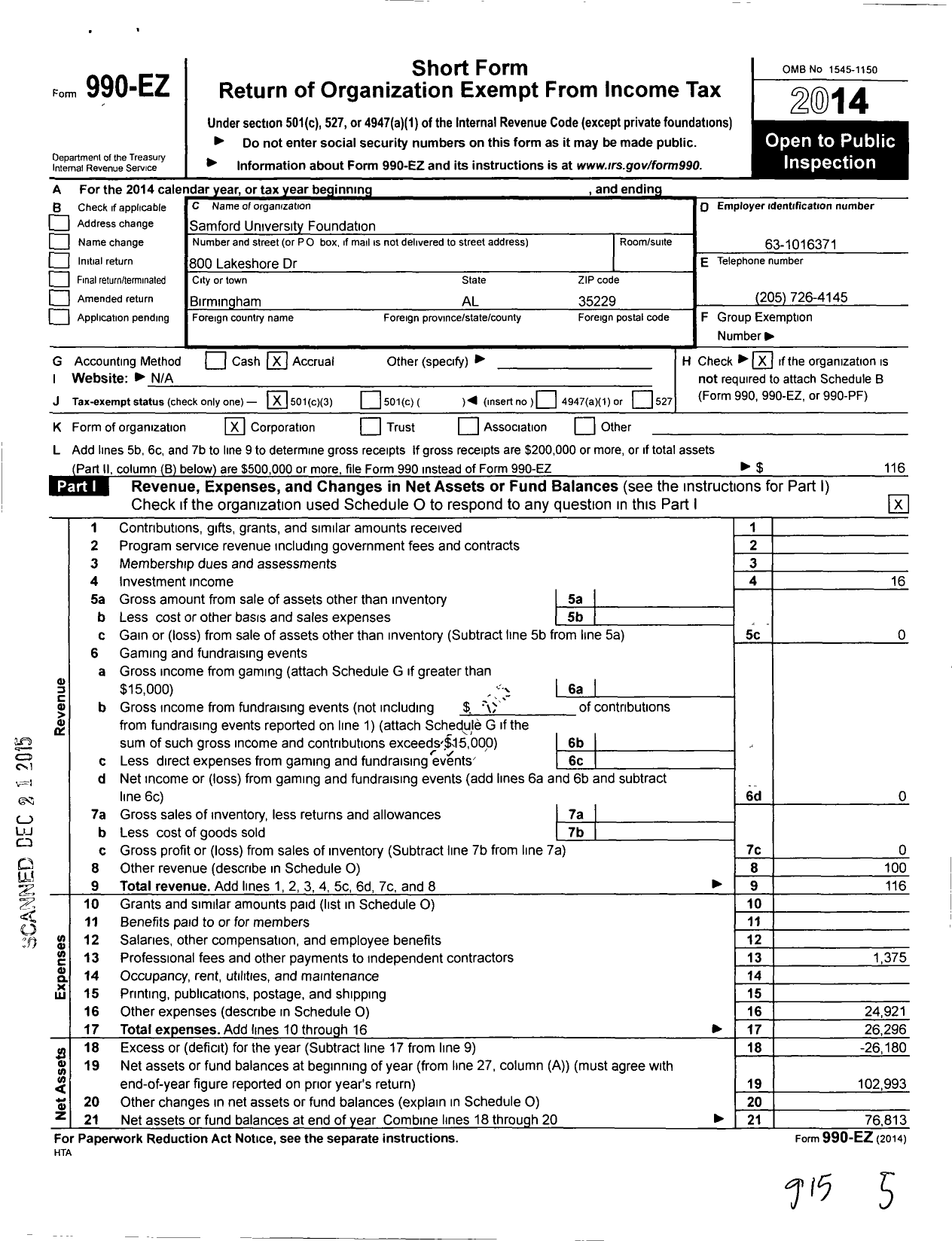 Image of first page of 2014 Form 990EZ for Samford University Foundation