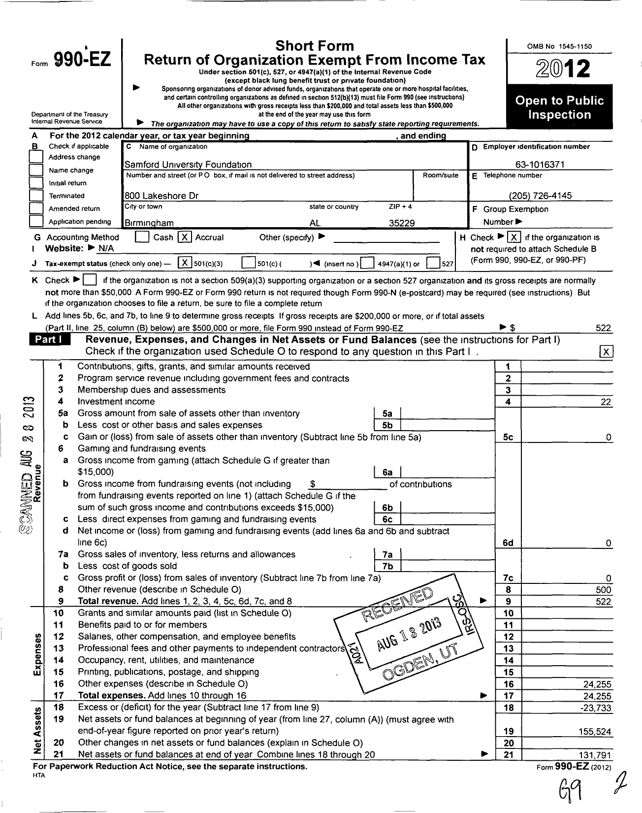 Image of first page of 2012 Form 990EZ for Samford University Foundation