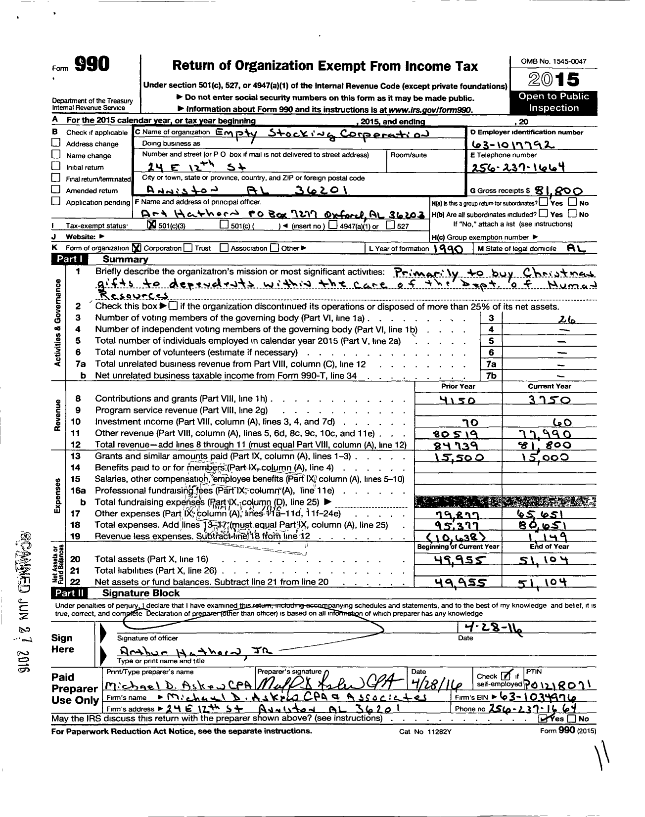 Image of first page of 2015 Form 990 for Empty Stocking Corporation