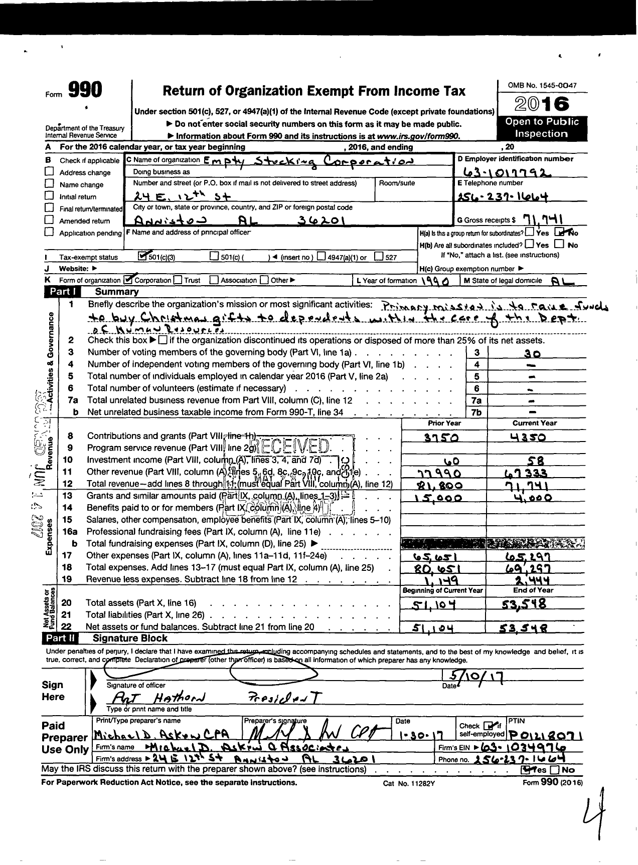 Image of first page of 2016 Form 990 for Empty Stocking Corporation