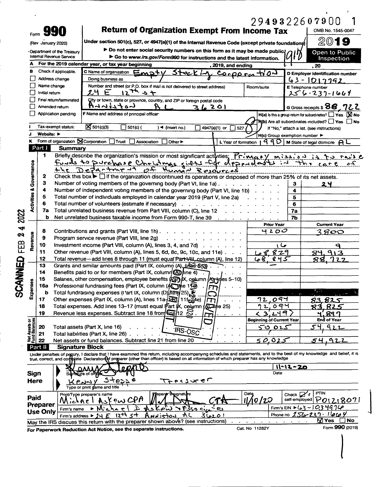 Image of first page of 2019 Form 990 for Empty Stocking Corporation