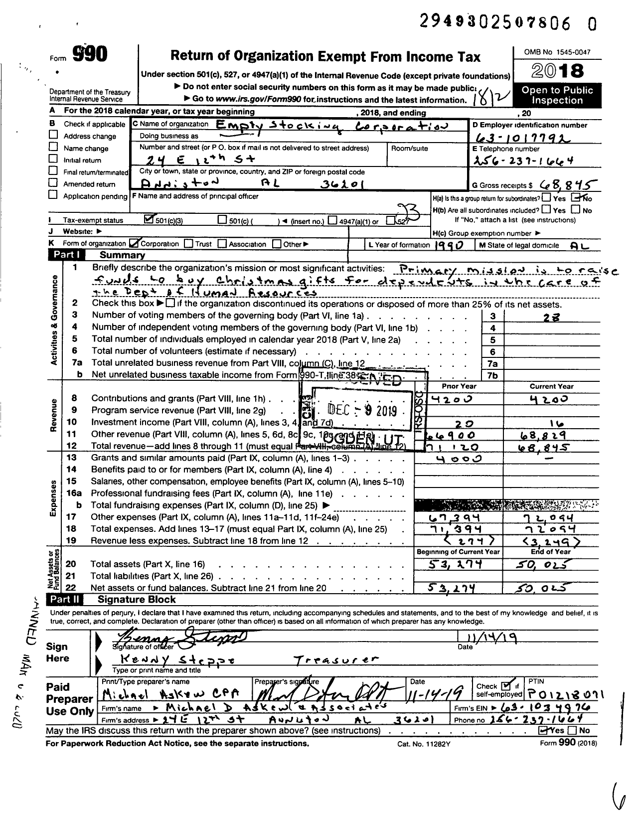 Image of first page of 2018 Form 990 for Empty Stocking Corporation