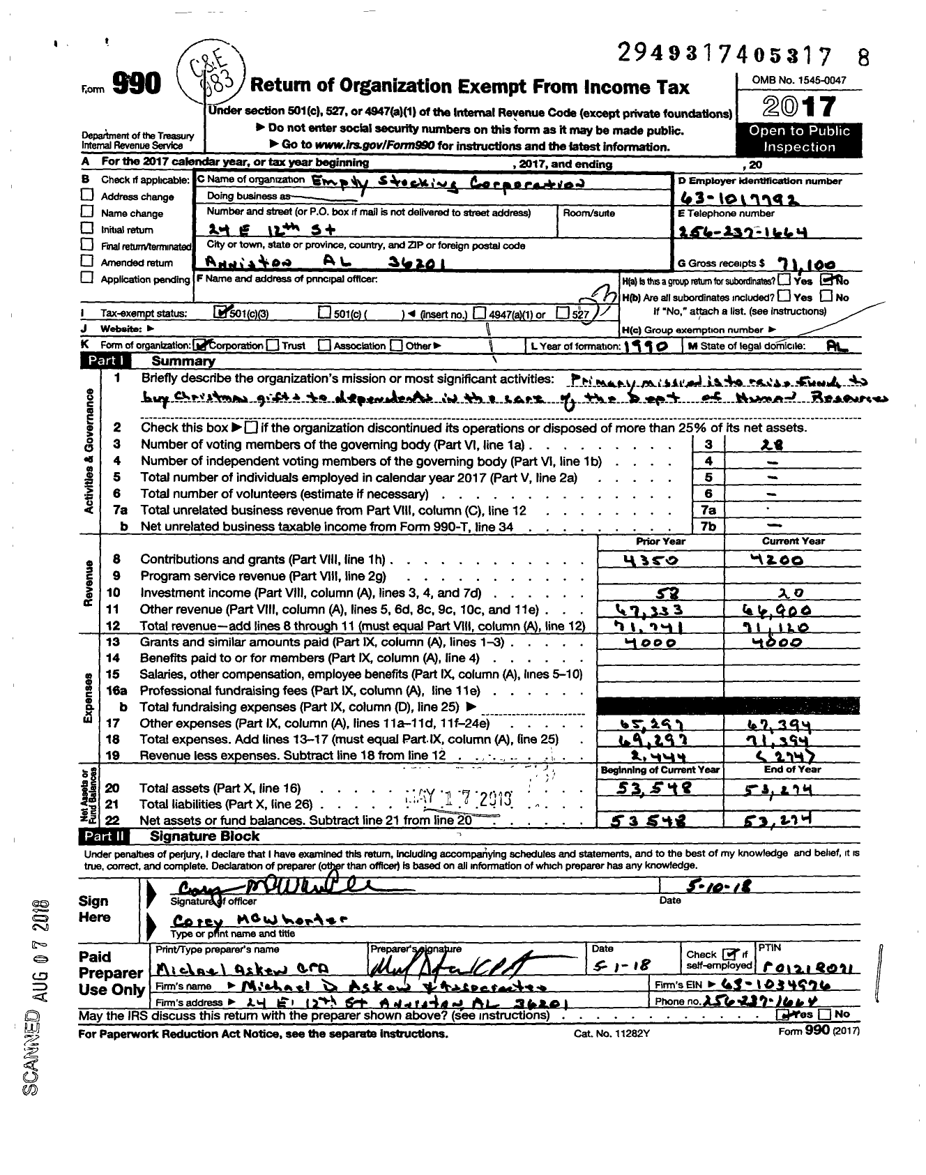 Image of first page of 2017 Form 990 for Empty Stocking Corporation