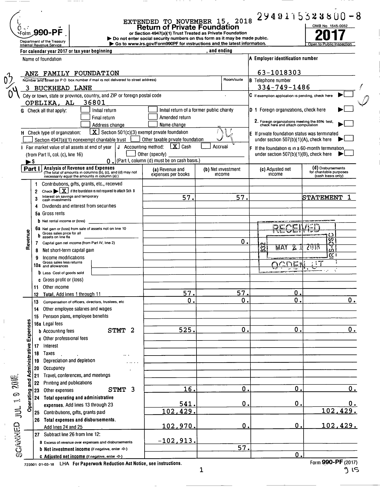 Image of first page of 2017 Form 990PF for Anz Family Foundation