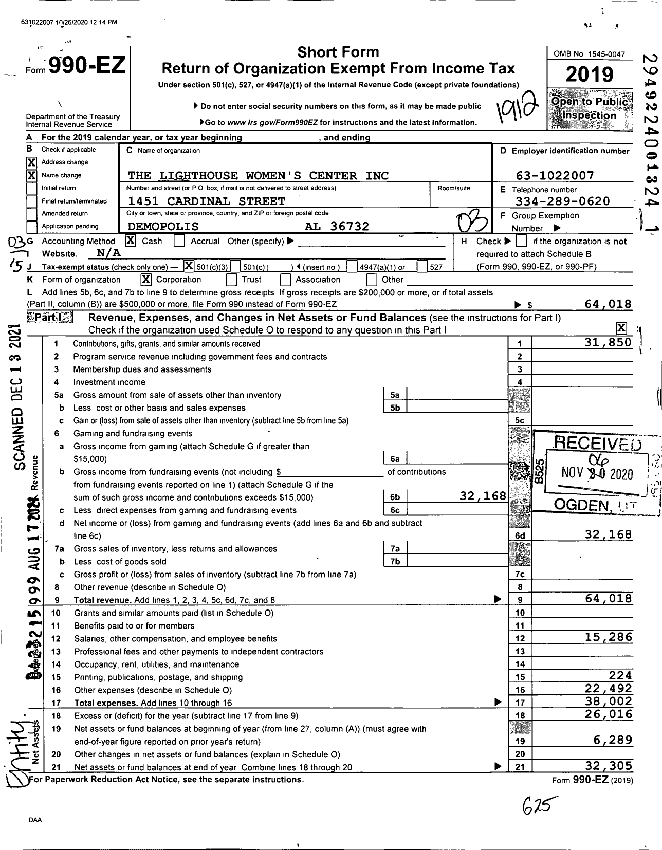 Image of first page of 2019 Form 990EZ for The Lighthouse Women's Center