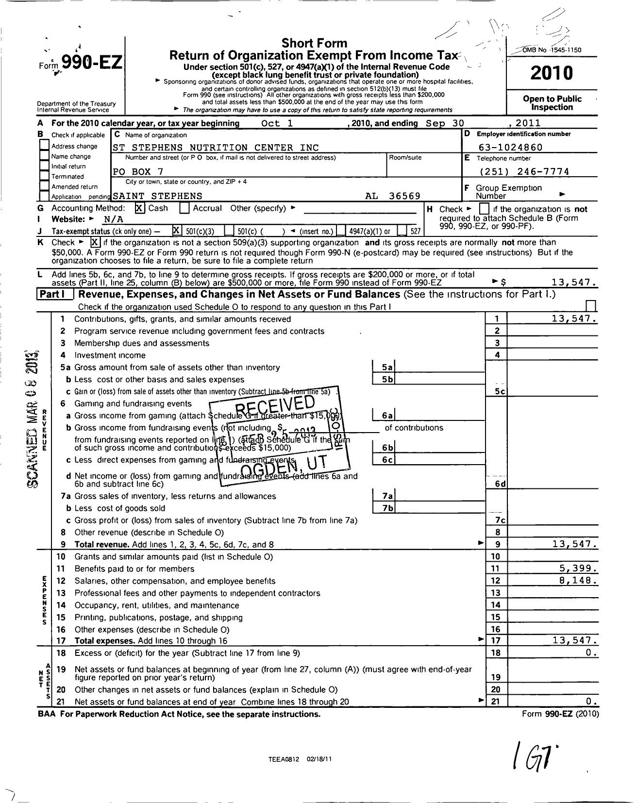 Image of first page of 2010 Form 990EZ for St Stephens Nutrition Center