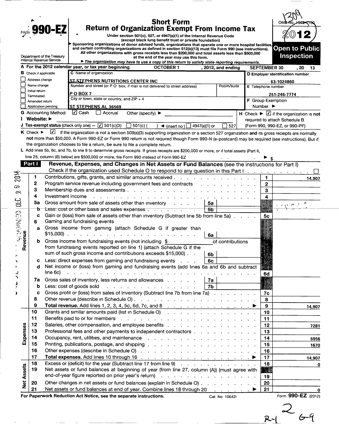 Image of first page of 2012 Form 990EZ for St Stephens Nutrition Center