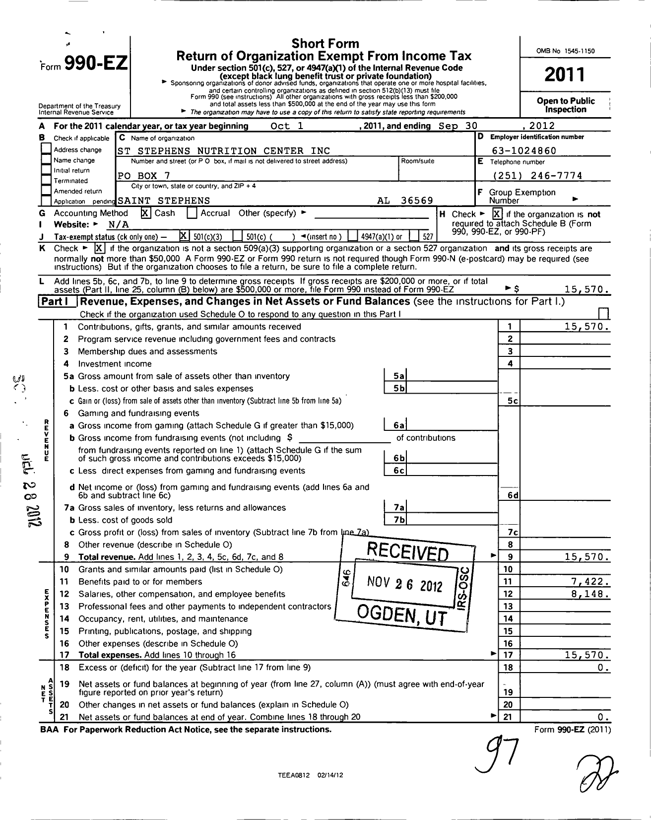 Image of first page of 2011 Form 990EZ for St Stephens Nutrition Center