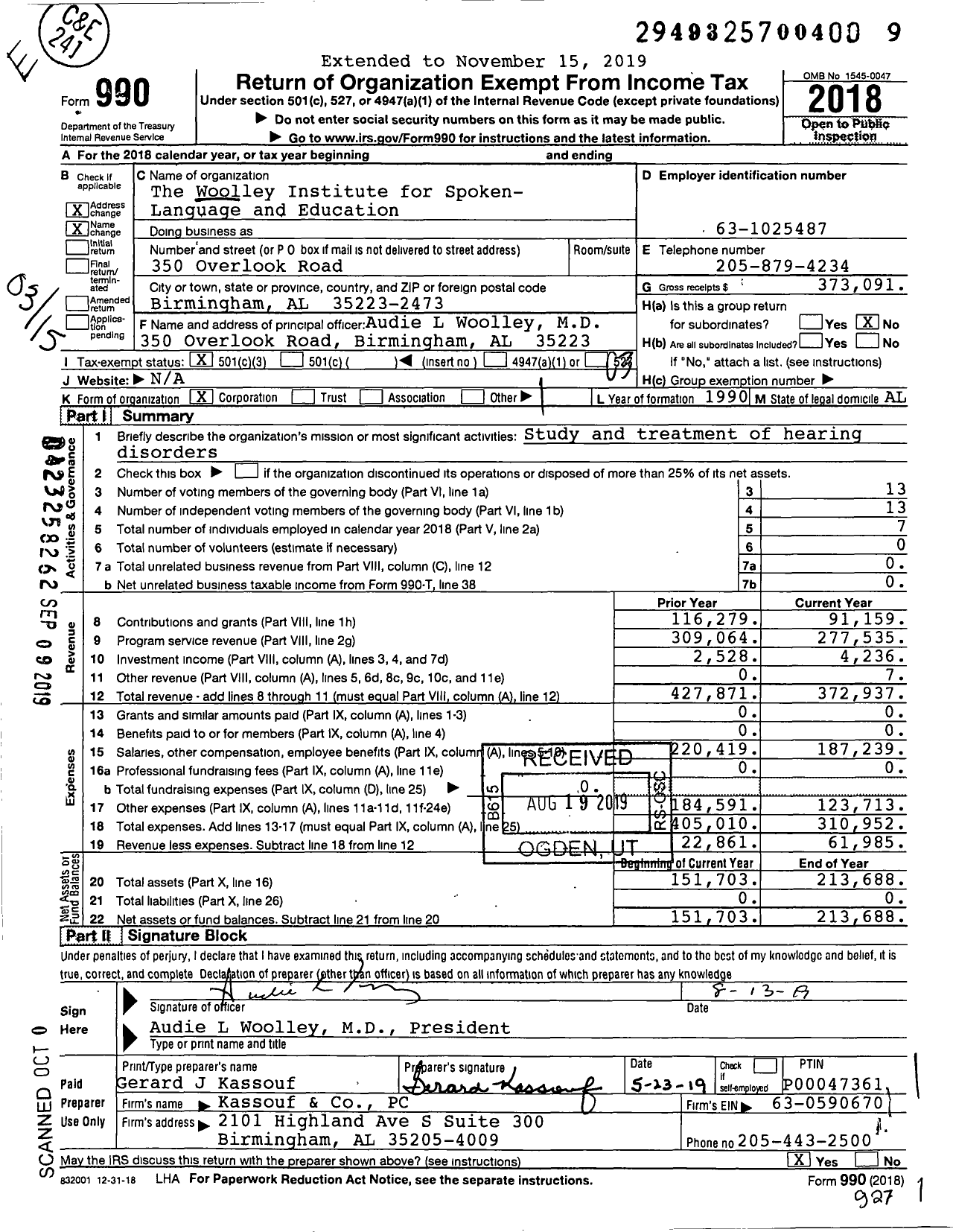 Image of first page of 2018 Form 990 for The Woolley Institute for Spoken-Language and Education