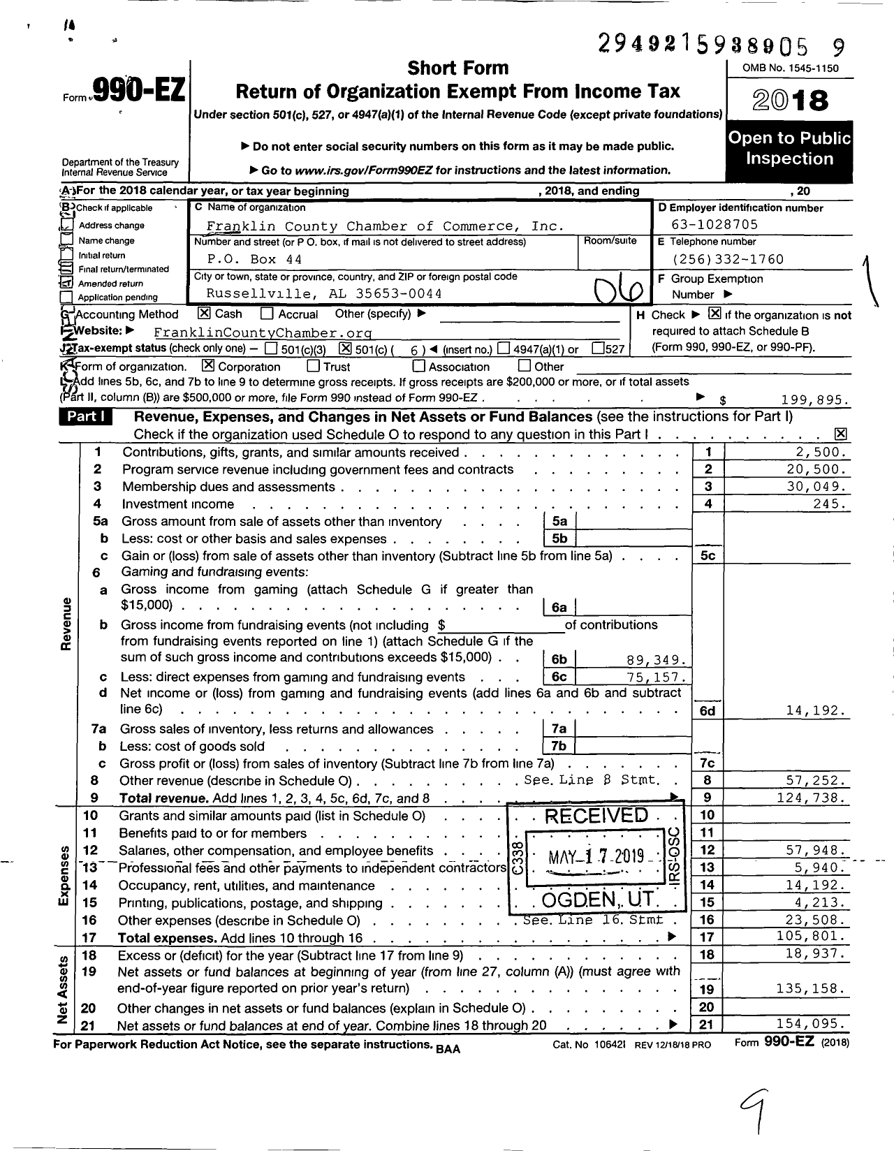 Image of first page of 2018 Form 990EO for Chamber of Commerce Russellville-Franklin County