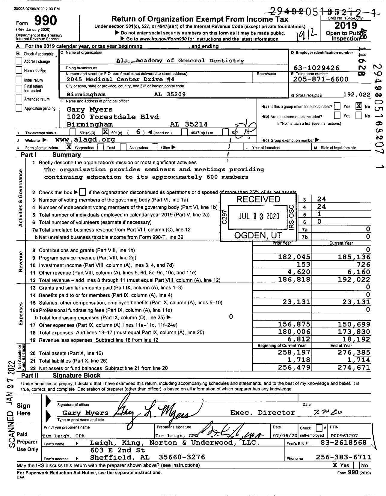 Image of first page of 2019 Form 990O for Ala Academy of General Dentistry