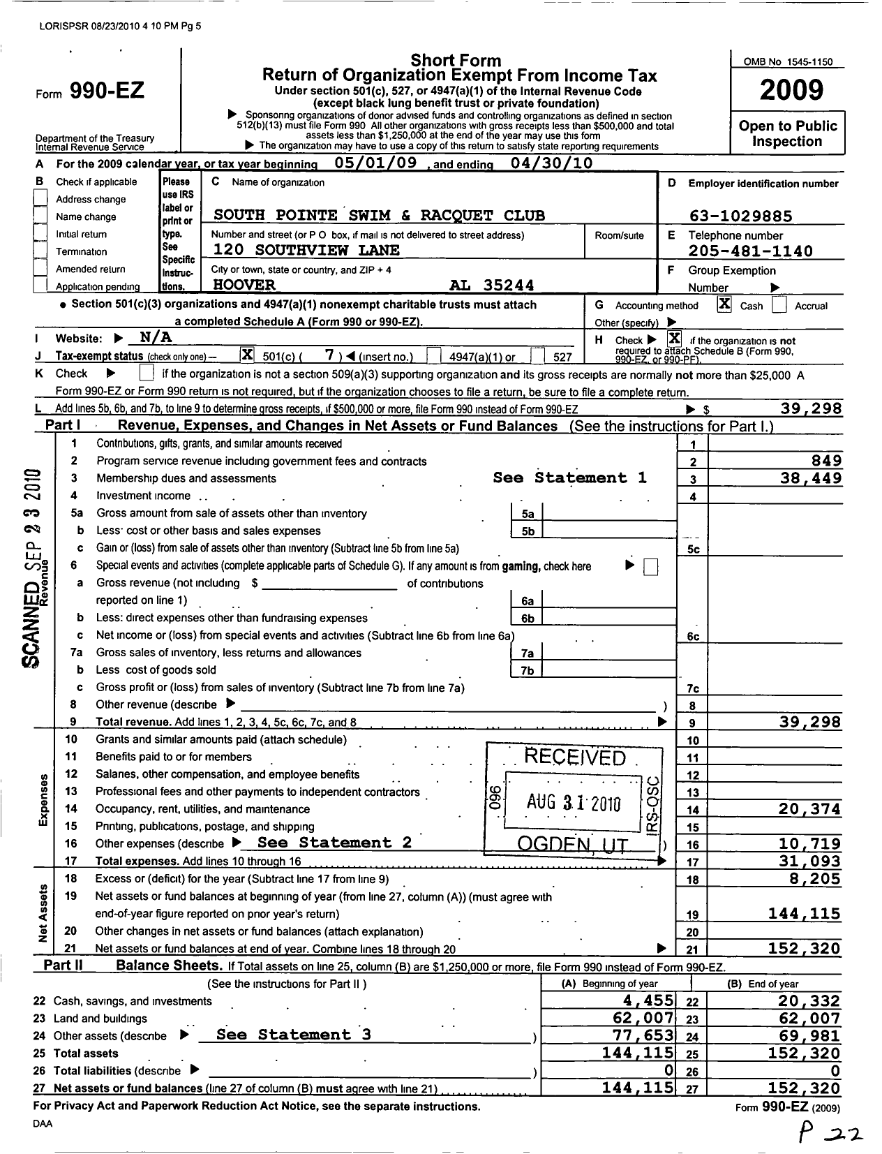 Image of first page of 2009 Form 990EO for South Point Swim and Racquet Club