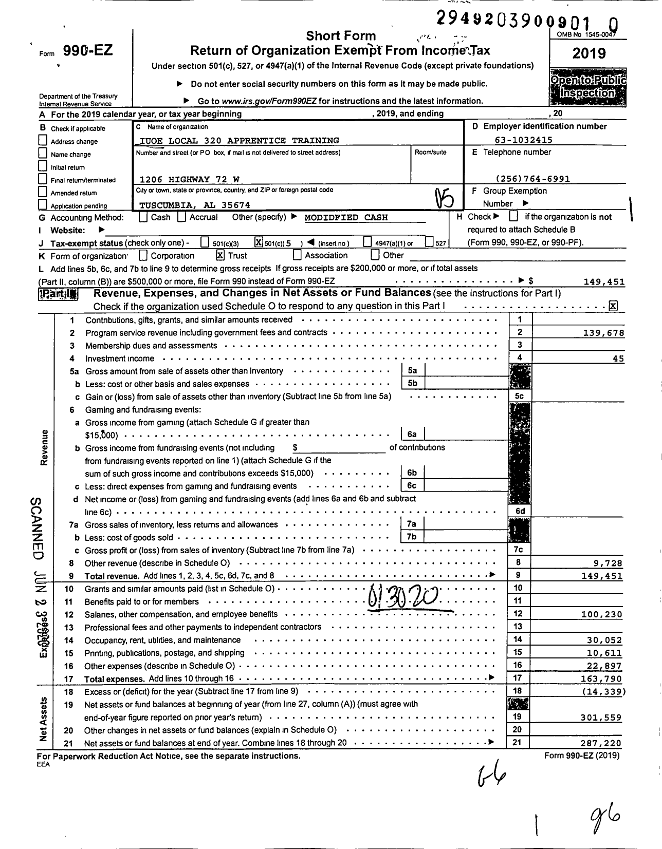 Image of first page of 2019 Form 990EO for Iuoe Local 320 Apprentice Training