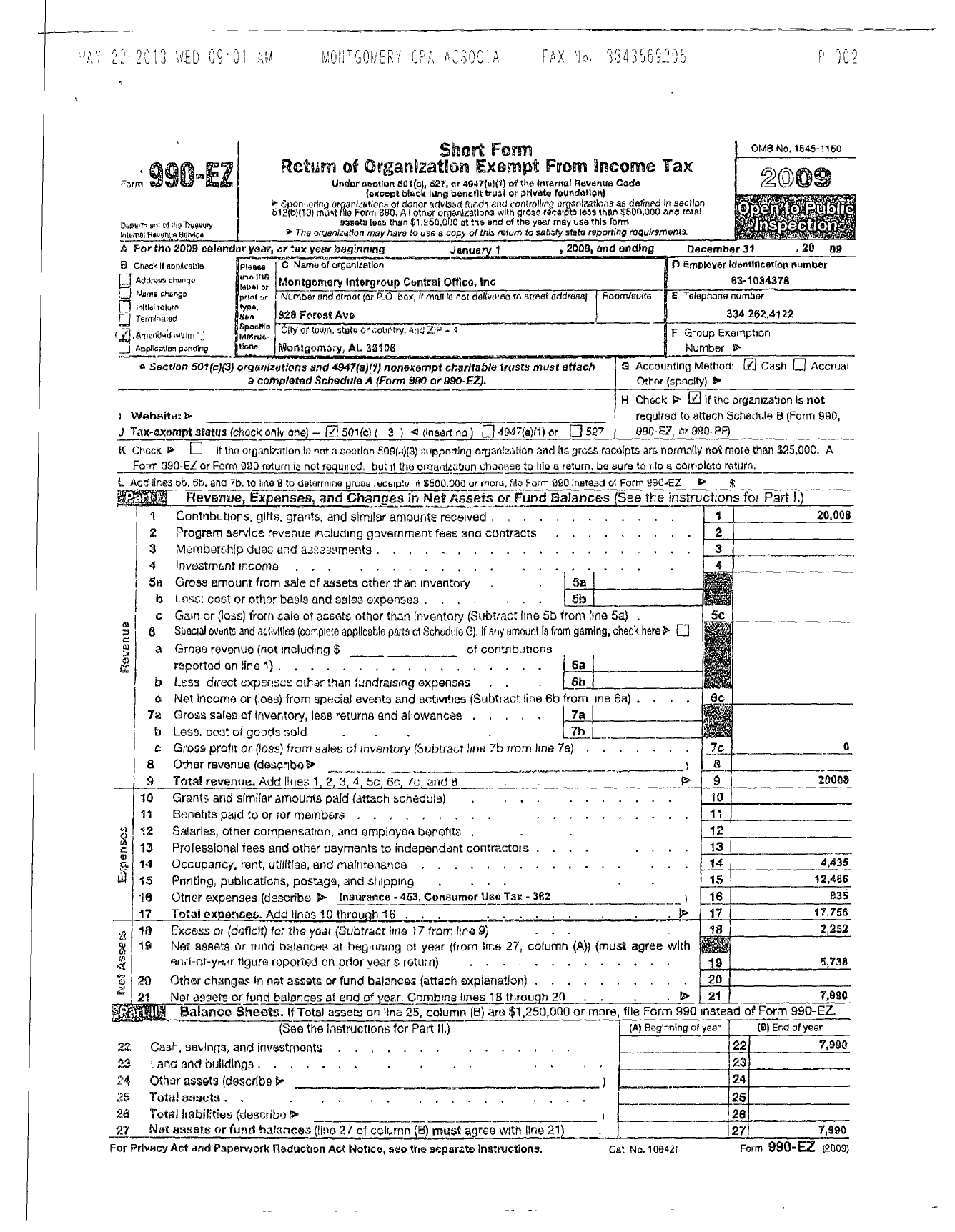 Image of first page of 2009 Form 990ER for Montgomery Area Intergroup Central Office Incorporated