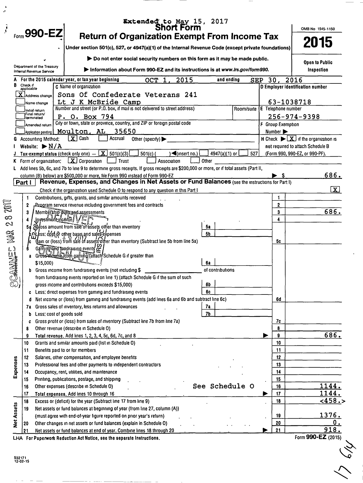 Image of first page of 2015 Form 990EZ for Sons Of Confederate Veterans