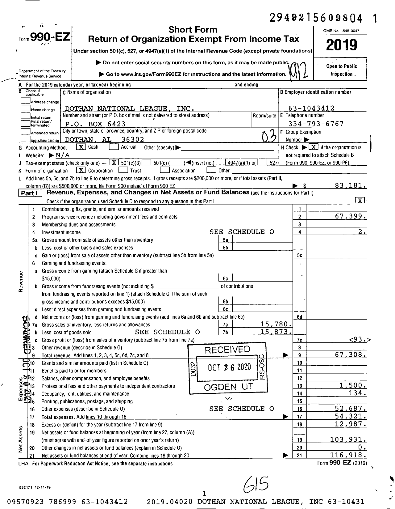 Image of first page of 2019 Form 990EZ for Dothan National League