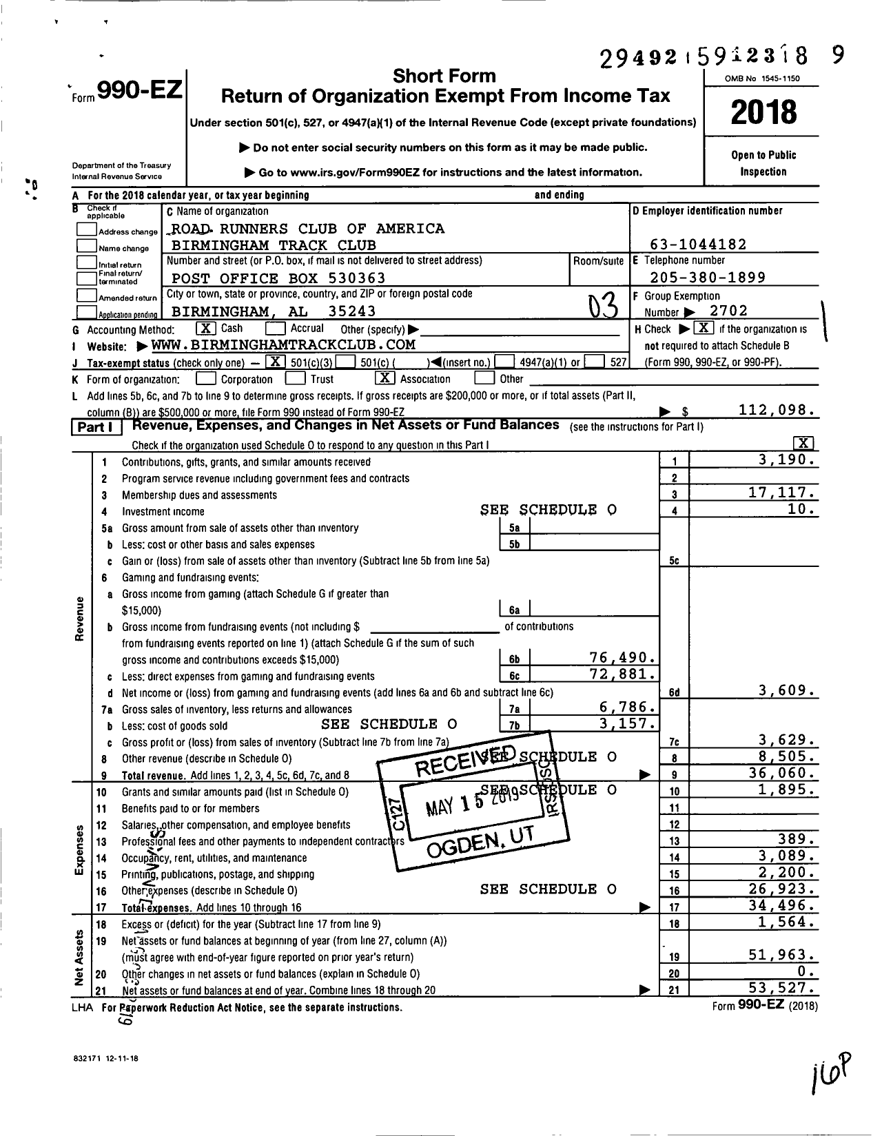 Image of first page of 2018 Form 990EZ for ROAD RUNNERS CLUB OF AMERICA Birmingham Track CLUB