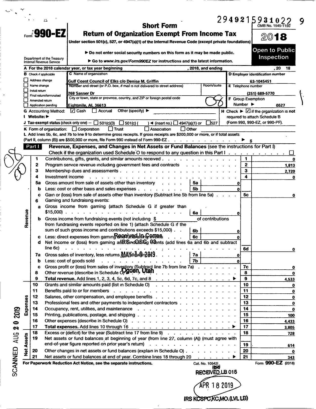 Image of first page of 2018 Form 990EO for Improved Benevolent and Protective Order of Elks of the World - Gulf Coast Council of DGTS of Elks