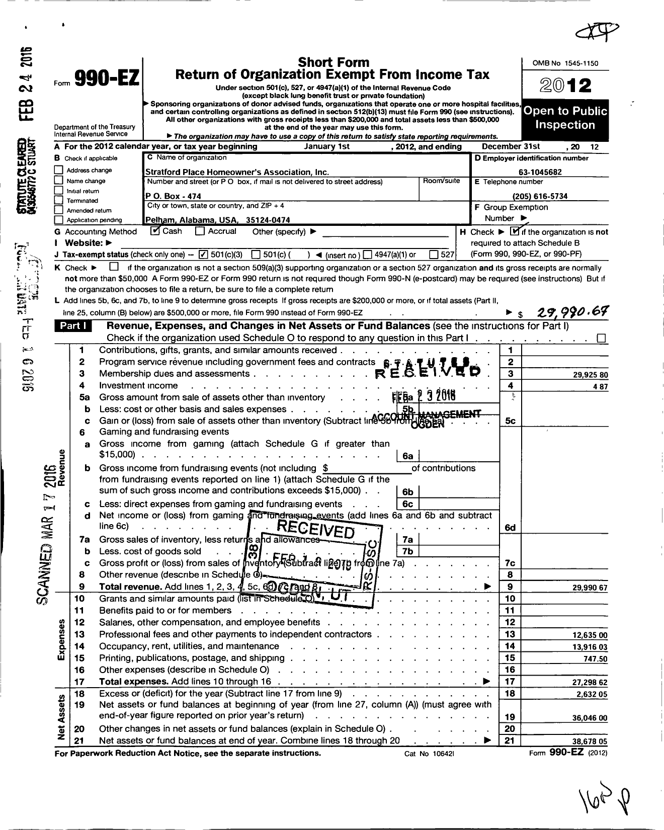 Image of first page of 2012 Form 990EZ for Stratford Place Homeowners Association