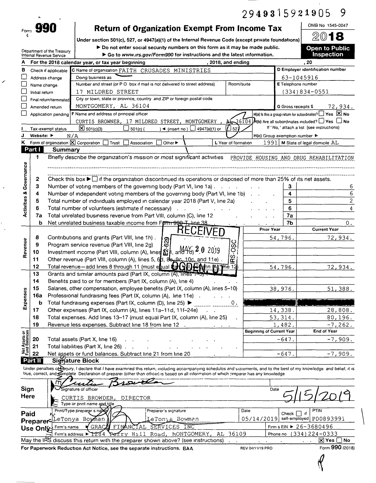 Image of first page of 2018 Form 990 for Faith Crusades Ministries