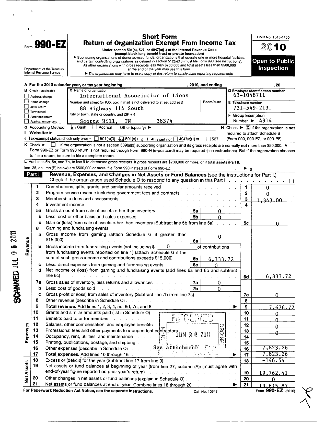 Image of first page of 2010 Form 990EO for Lions Clubs - Scott Hills Lion Club