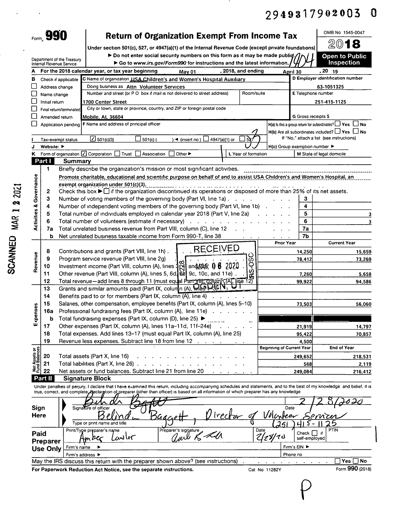 Image of first page of 2018 Form 990 for USA Childrens and Womens Hospital Auxiliary