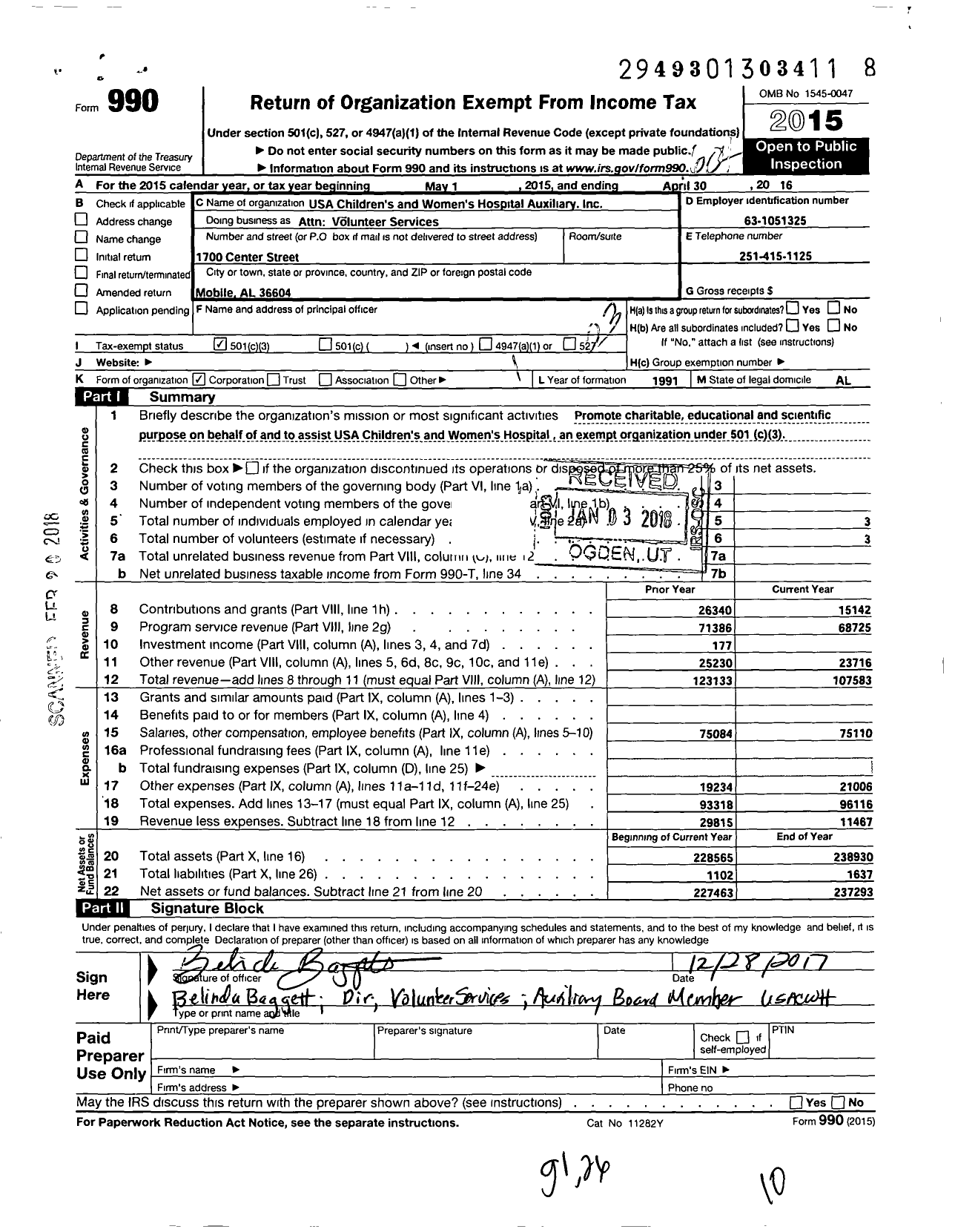 Image of first page of 2015 Form 990 for USA Childrens and Womens Hospital Auxiliary