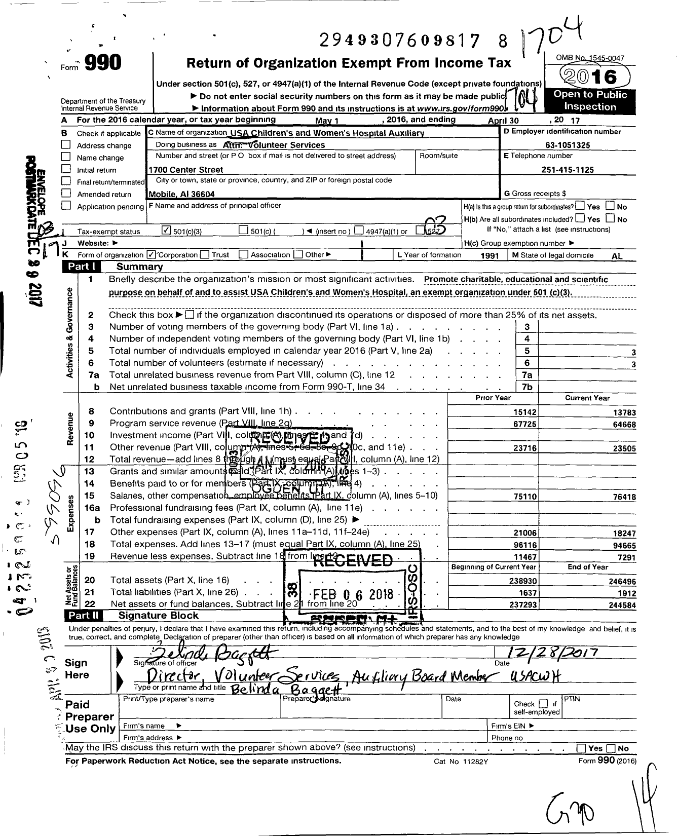 Image of first page of 2016 Form 990 for USA Childrens and Womens Hospital Auxiliary