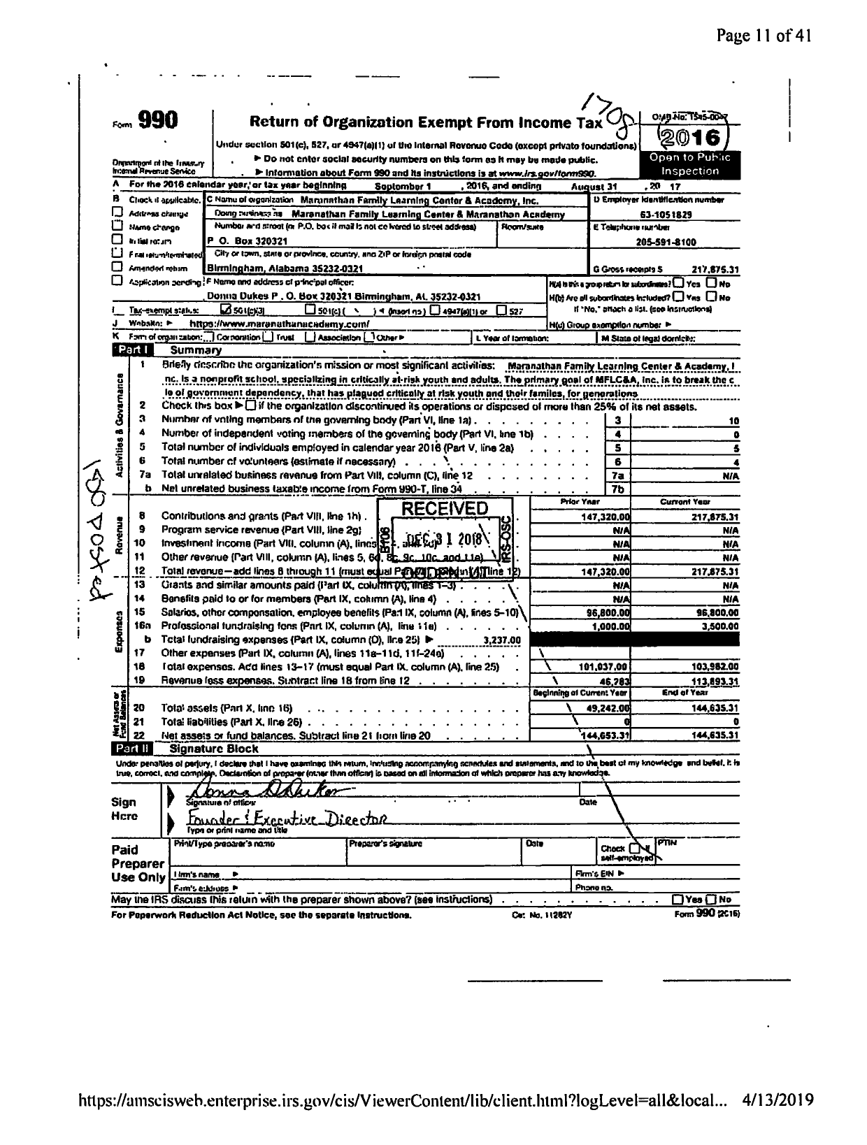 Image of first page of 2016 Form 990R for Maranathan Family Learning Center and Academy
