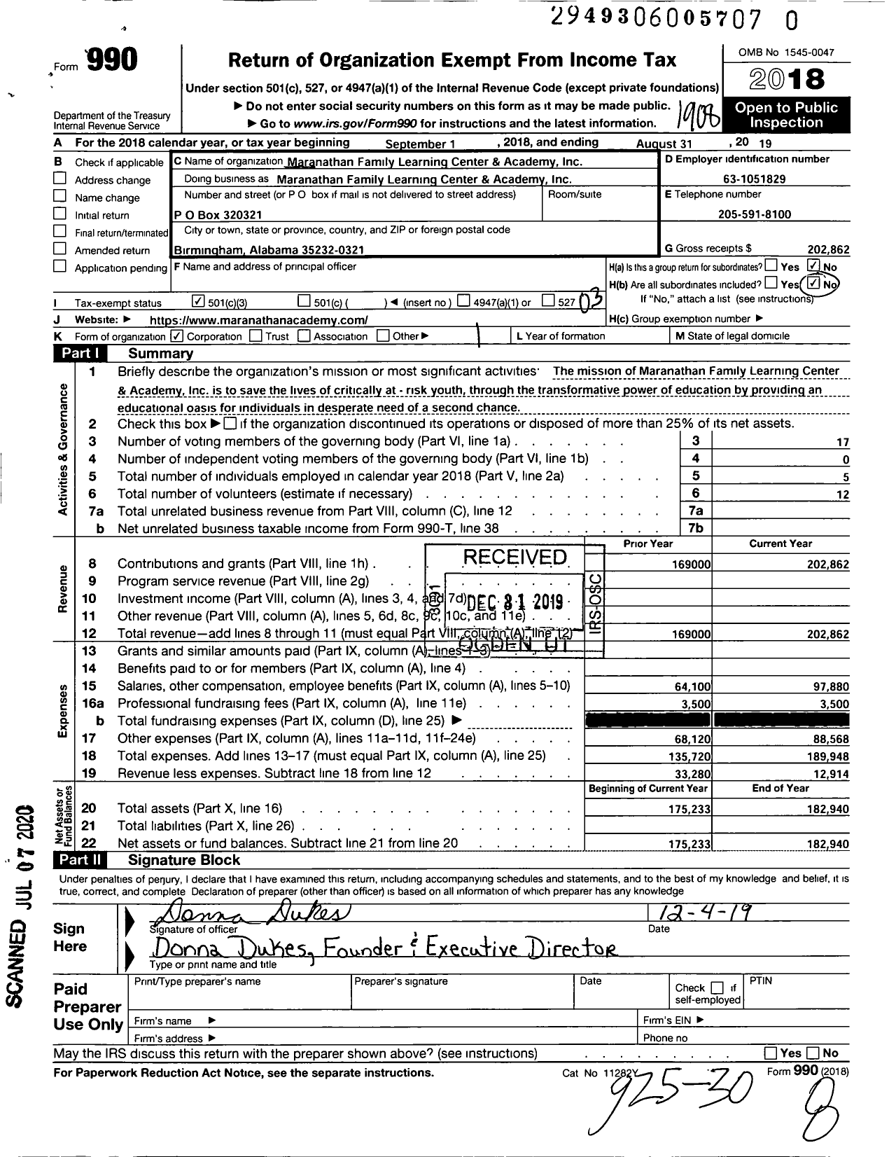 Image of first page of 2018 Form 990 for Maranathan Family Learning Center and Academy