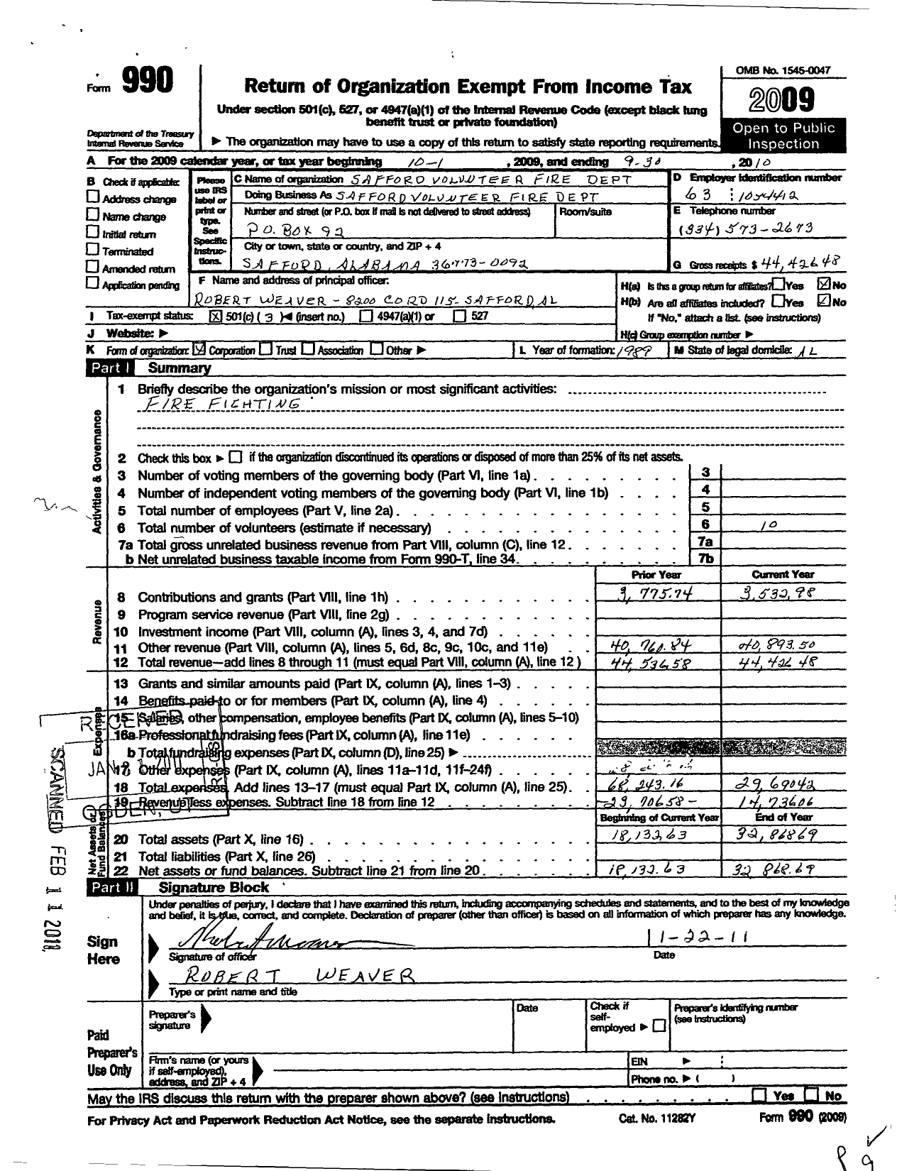 Image of first page of 2009 Form 990 for Safford Community Volunteer Fire Department