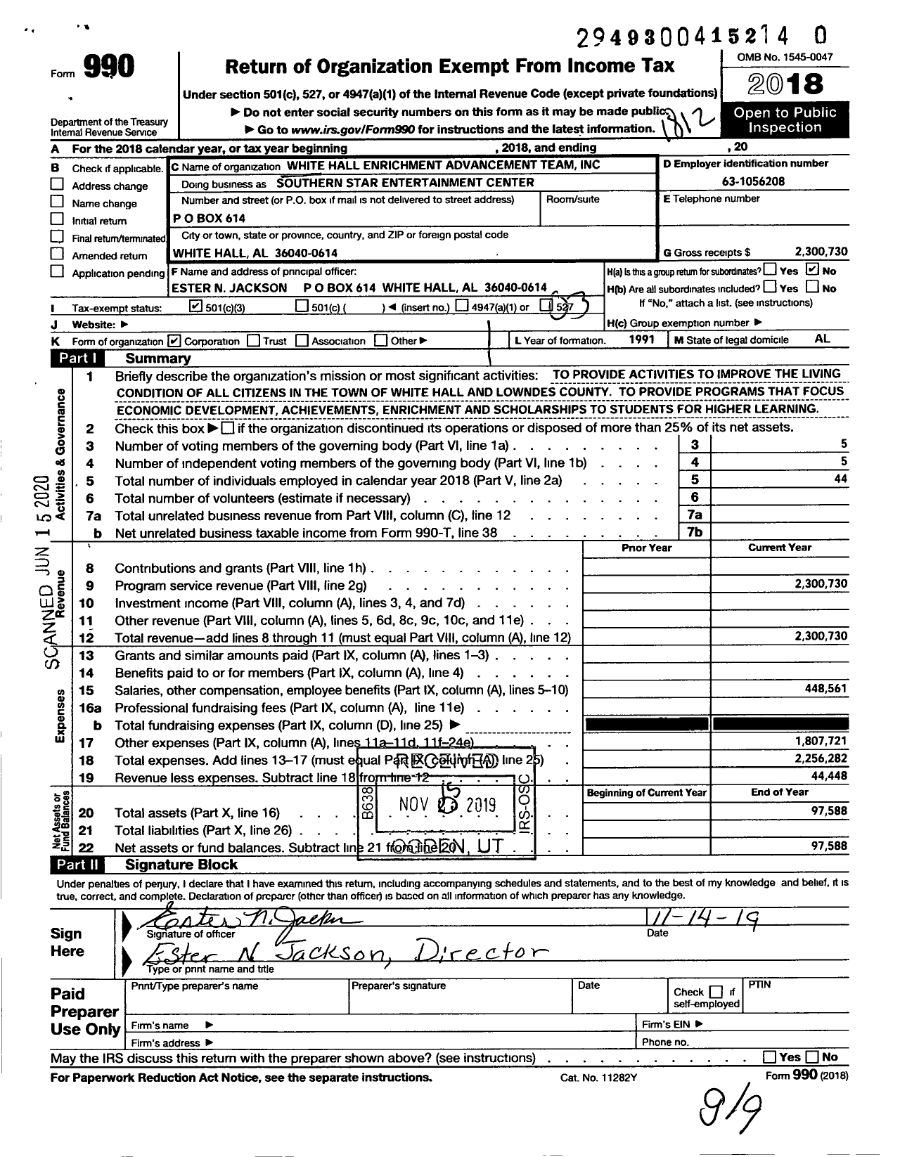 Image of first page of 2018 Form 990 for Southern Star Entertainment Center