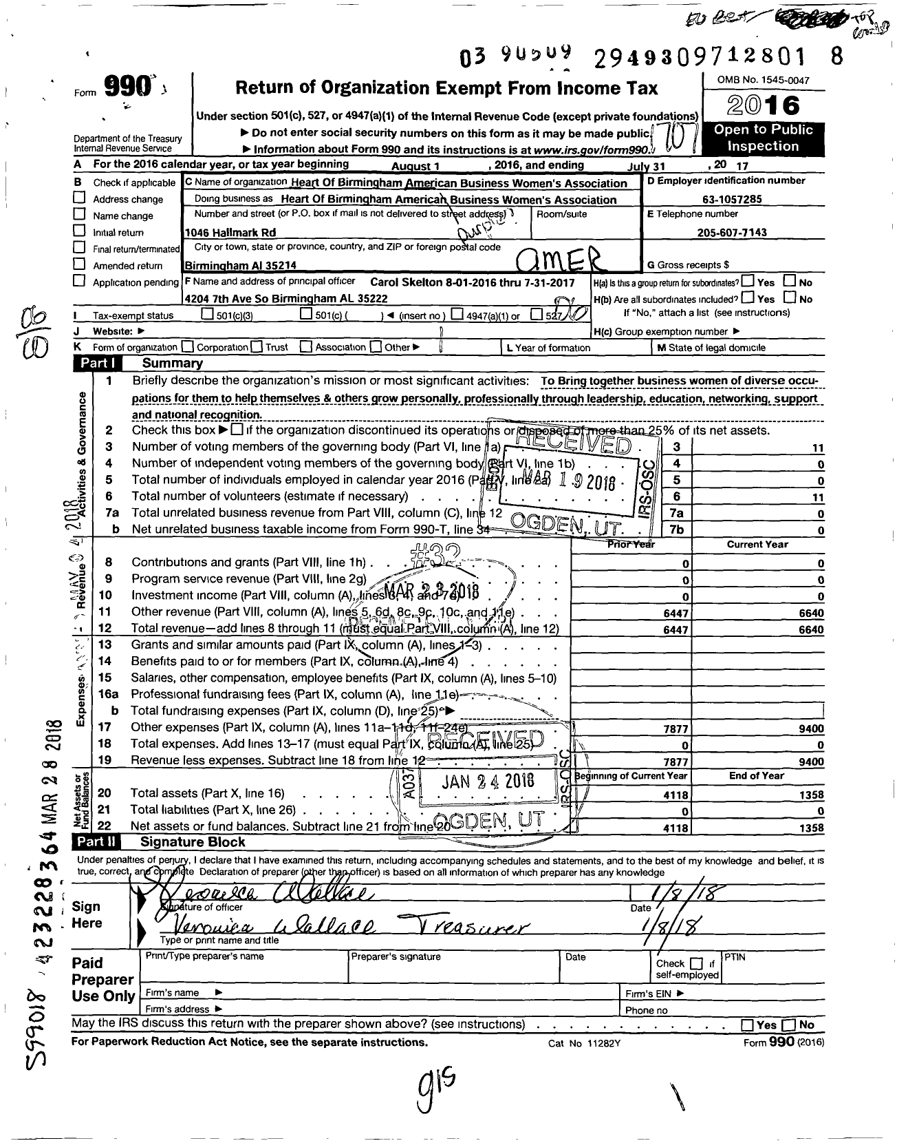 Image of first page of 2016 Form 990O for American Business Womens Association Heart of Birmingham Chapter