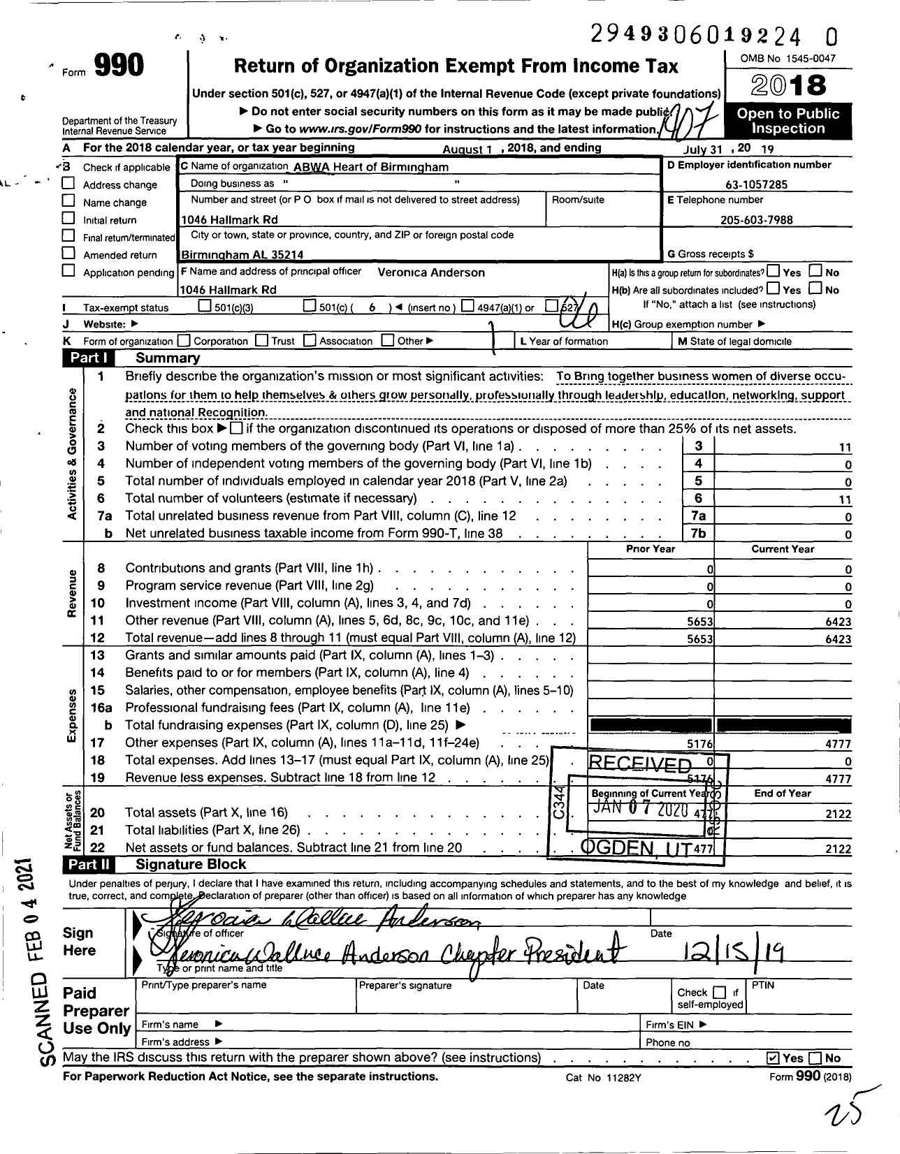 Image of first page of 2018 Form 990O for American Business Womens Association Heart of Birmingham Chapter