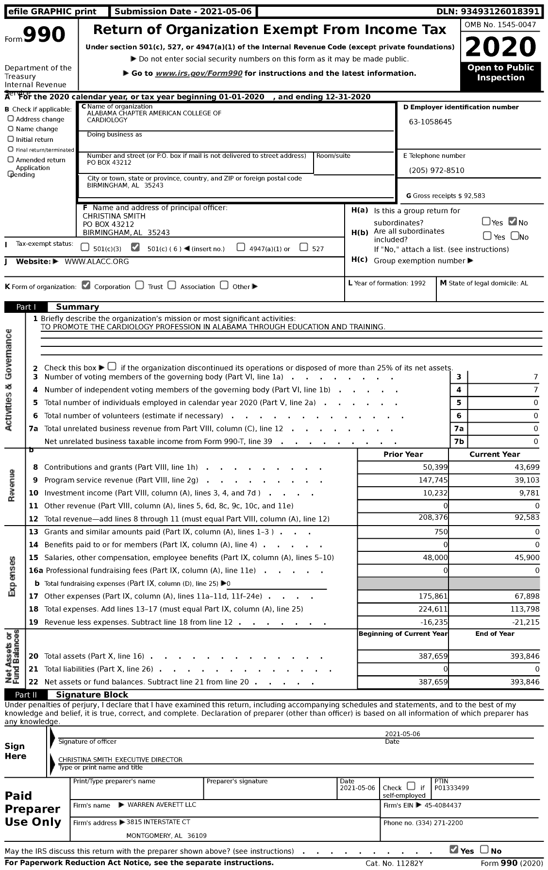 Image of first page of 2020 Form 990 for Alabama Chapter American College of Cardiology