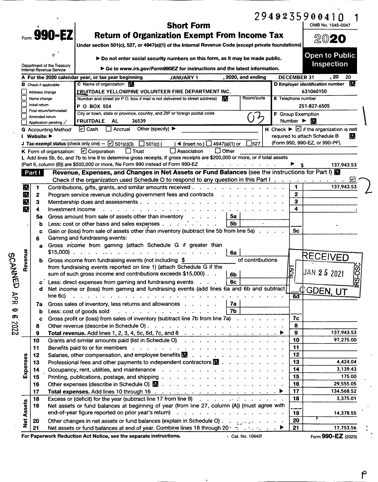 Image of first page of 2020 Form 990EZ for Fruitdale Volunteer Fire Department