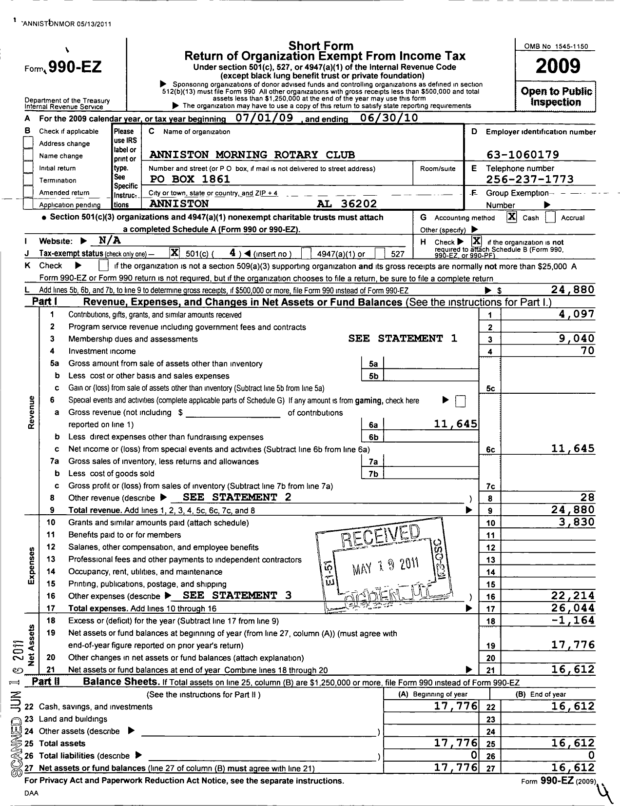 Image of first page of 2009 Form 990EO for Rotary International - Anniston Morning