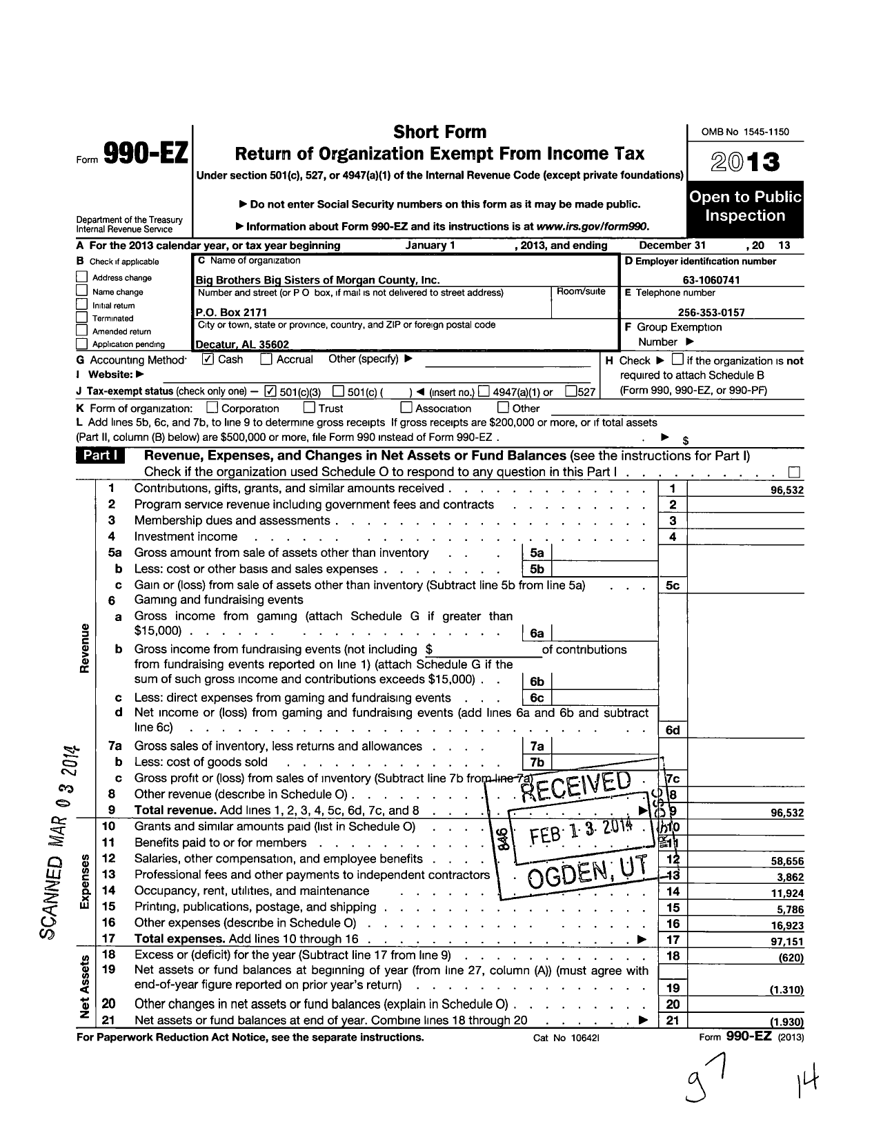 Image of first page of 2013 Form 990EZ for Mosaic Mentoring of North Alabama