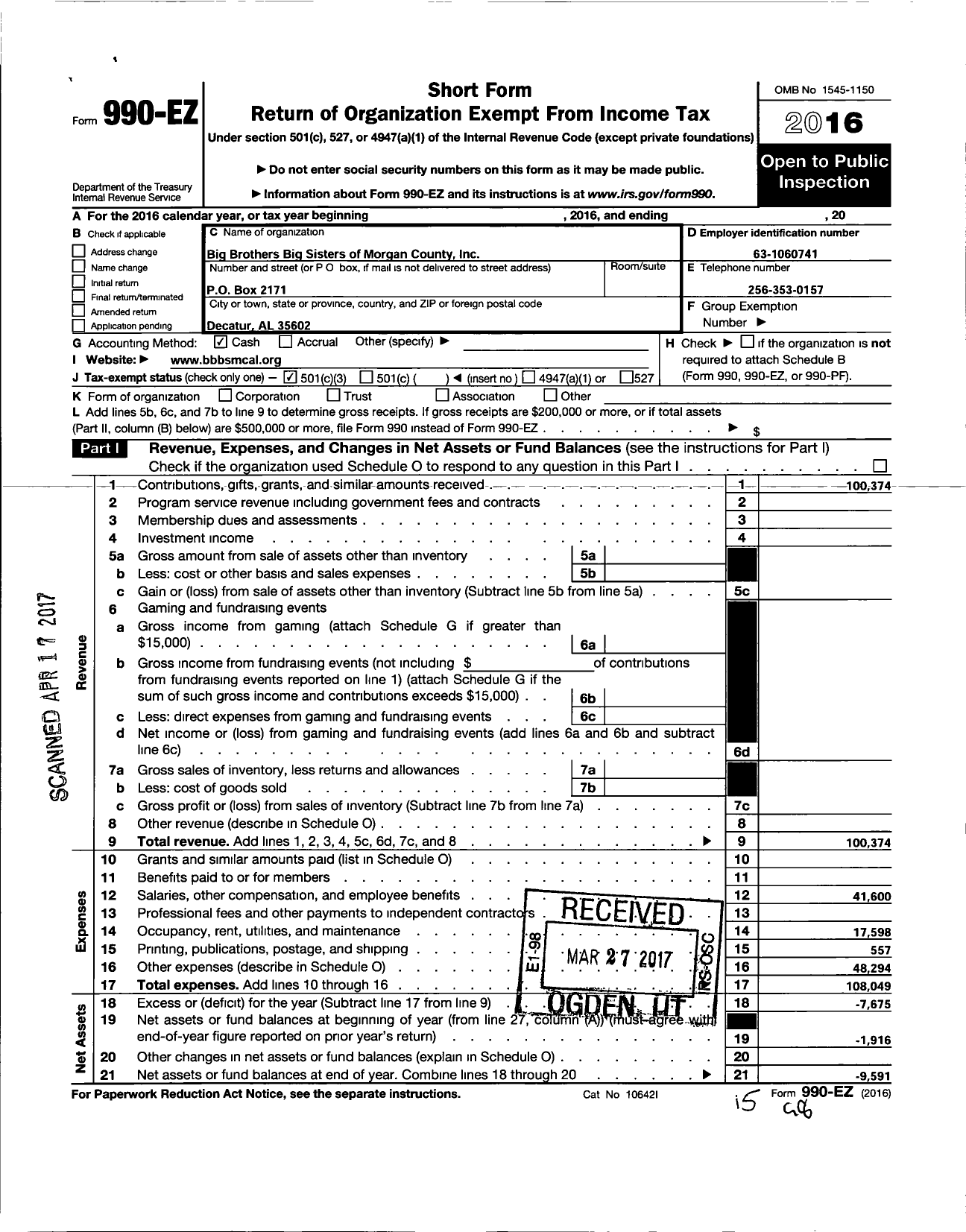 Image of first page of 2016 Form 990EZ for Mosaic Mentoring of North Alabama