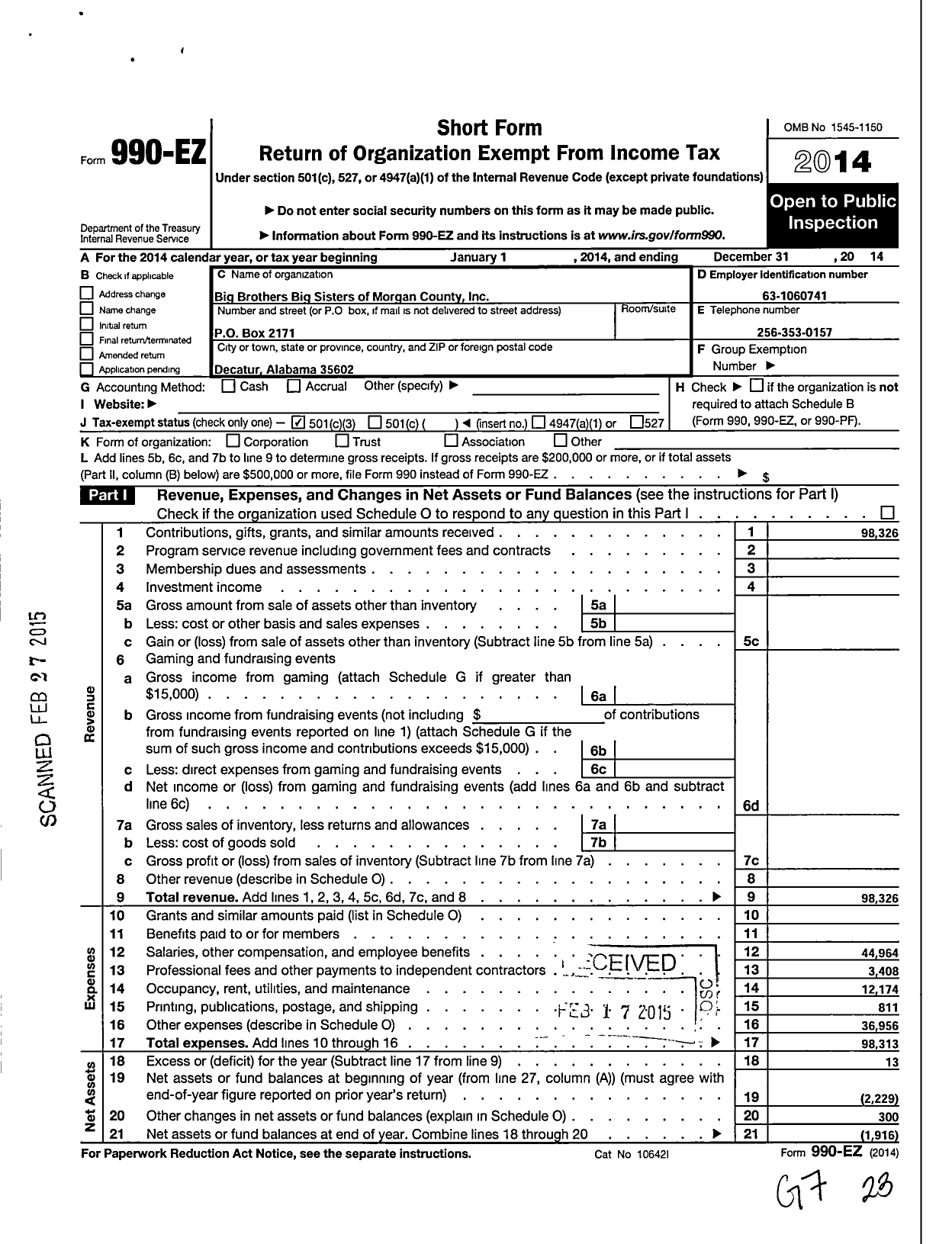 Image of first page of 2014 Form 990EZ for Mosaic Mentoring of North Alabama