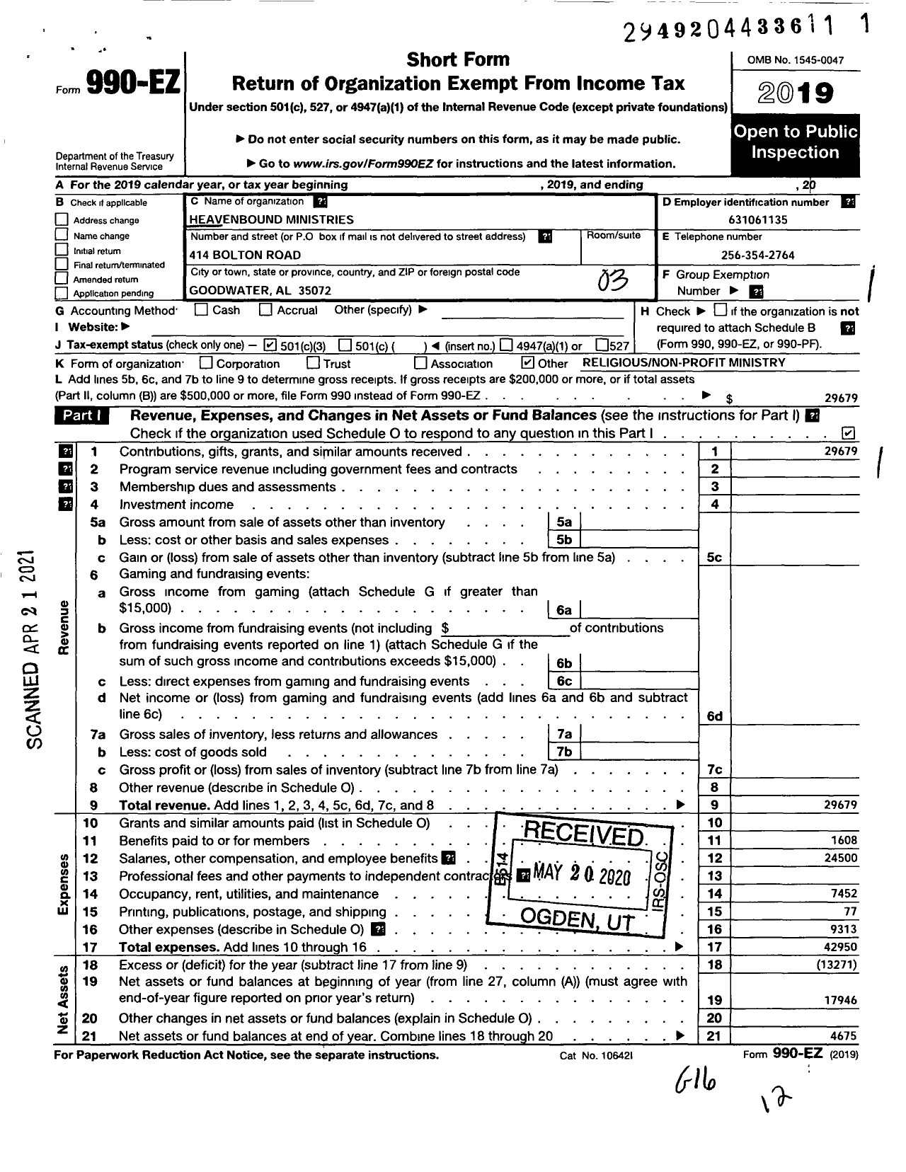 Image of first page of 2019 Form 990EZ for Heavenbound Ministries