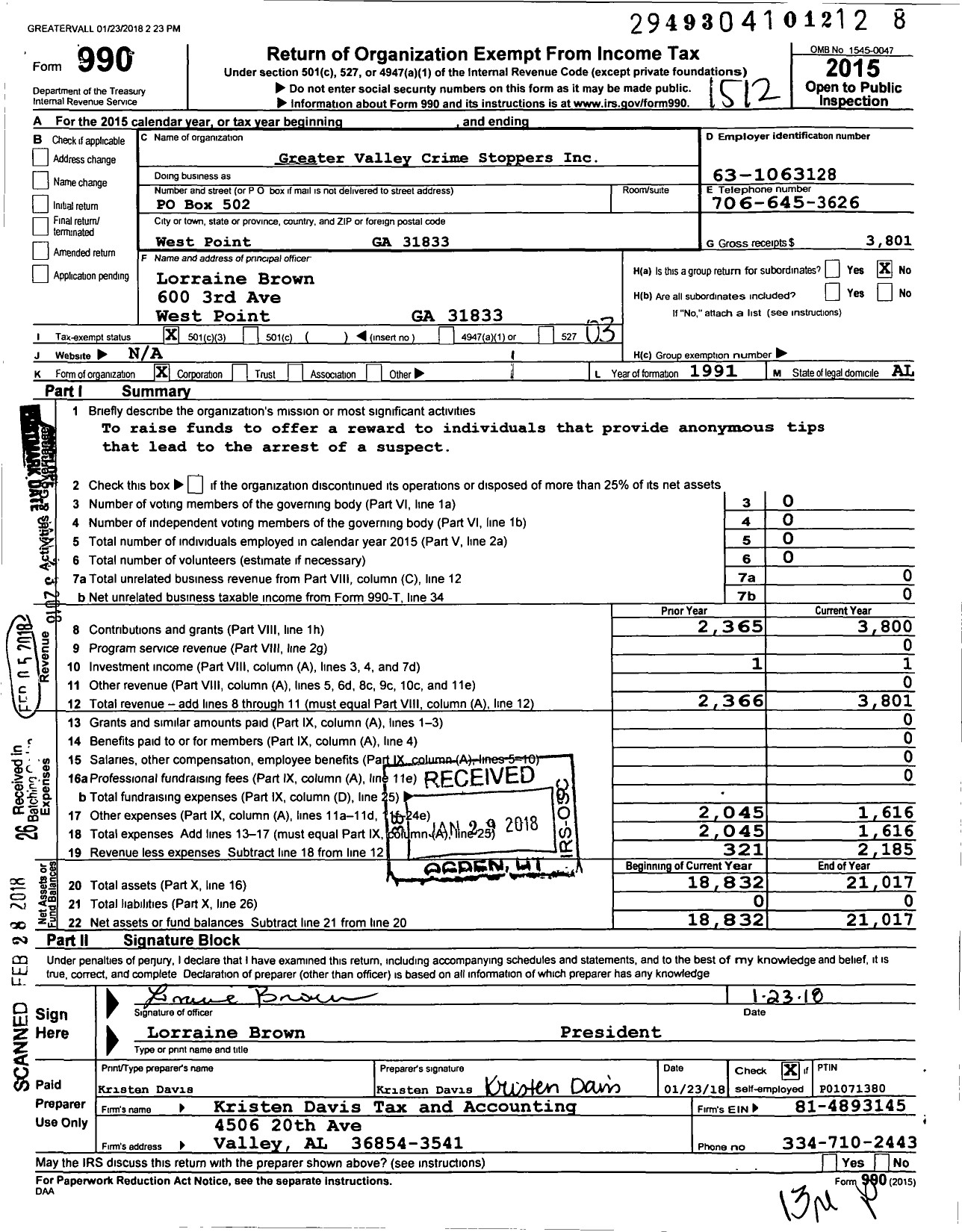 Image of first page of 2015 Form 990 for Greater Valley Crime Stoppers