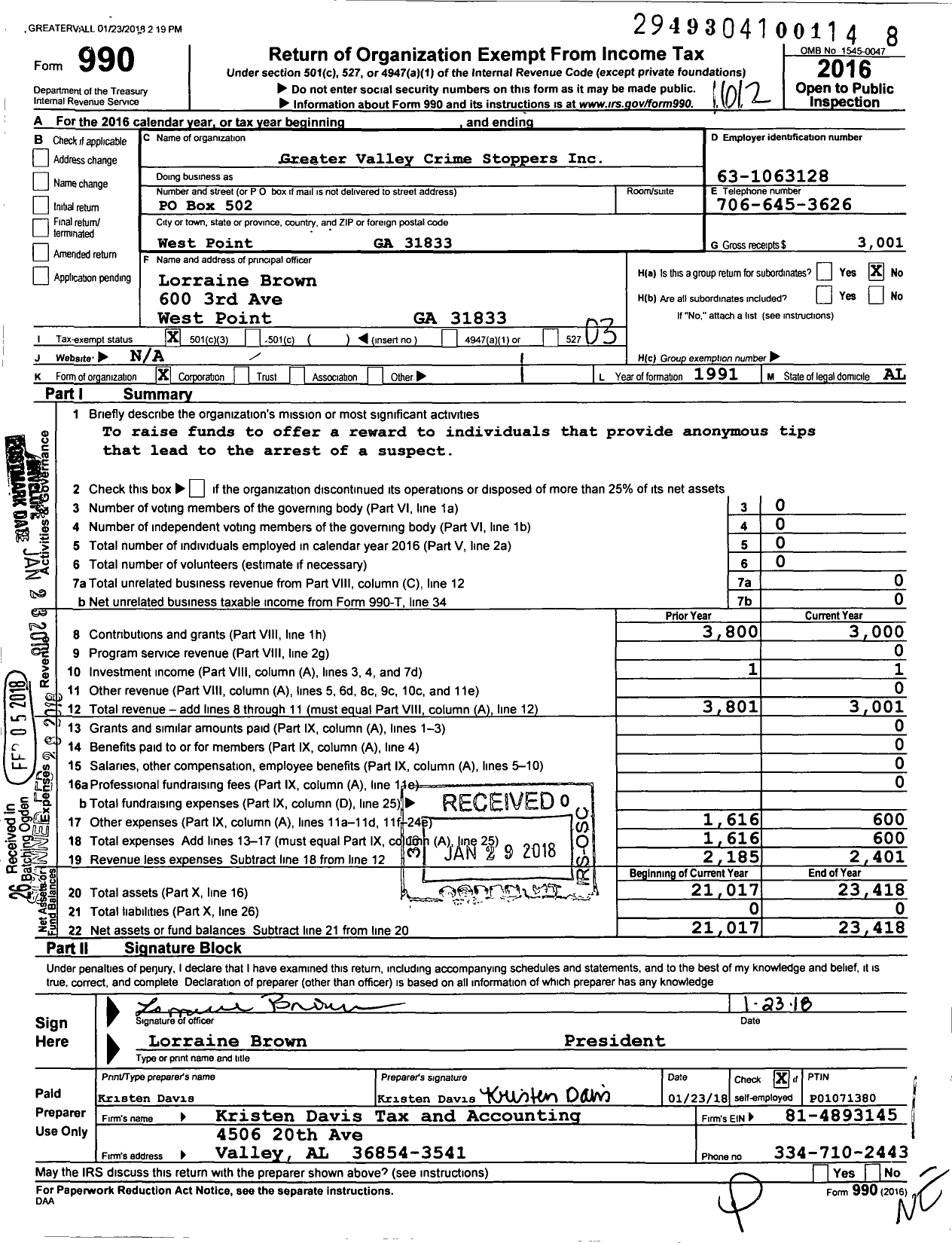 Image of first page of 2016 Form 990 for Greater Valley Crime Stoppers