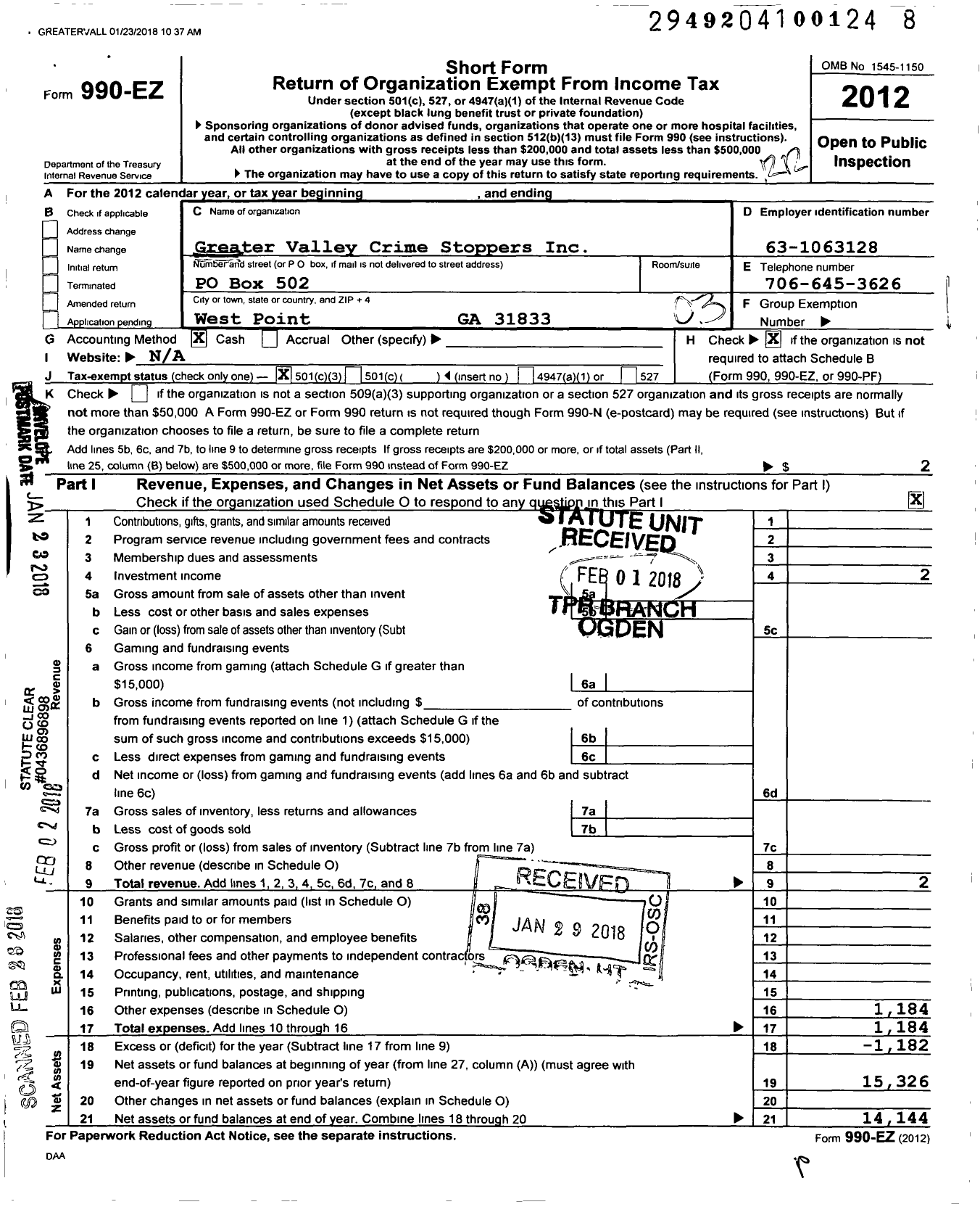 Image of first page of 2012 Form 990EZ for Greater Valley Crime Stoppers