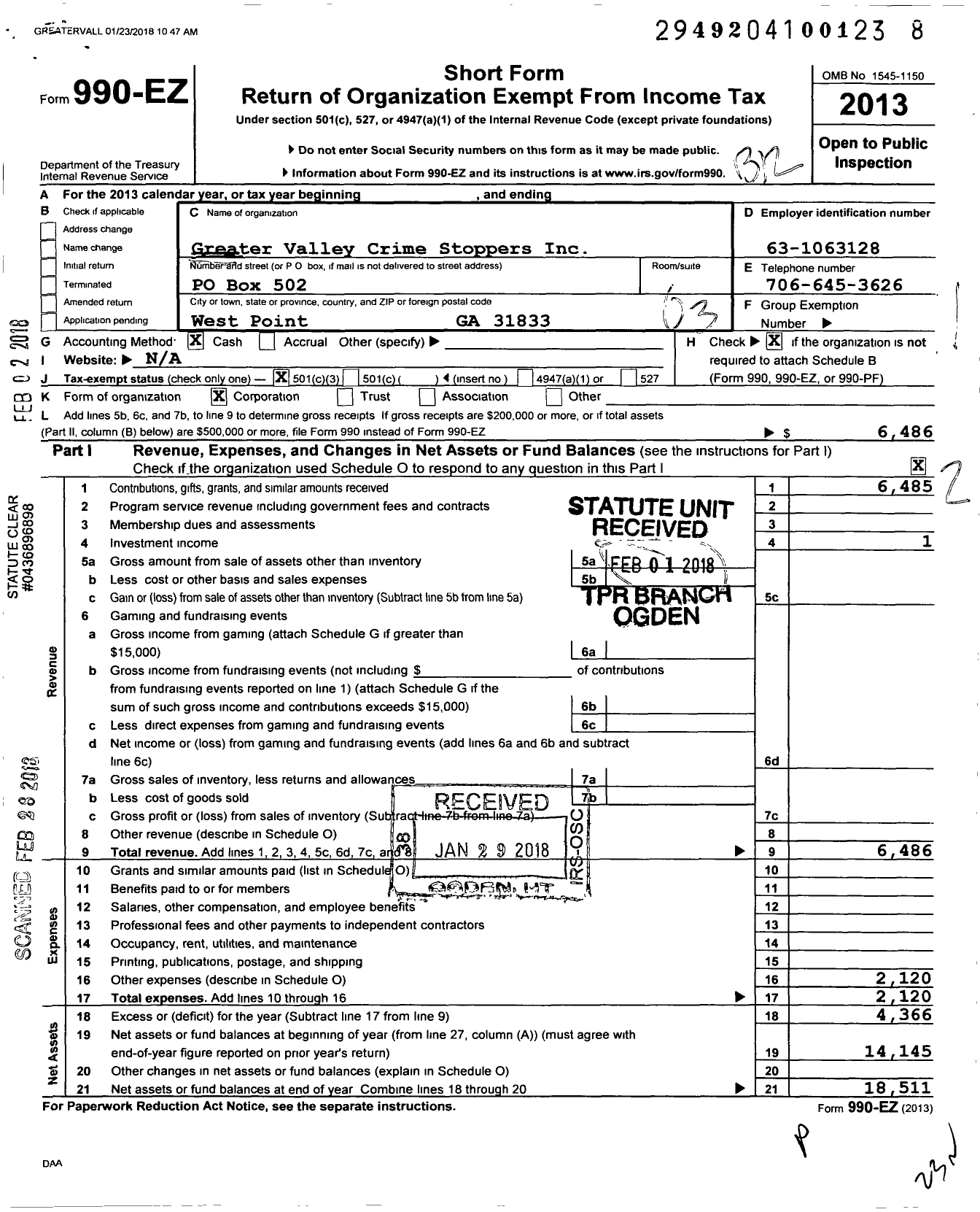 Image of first page of 2013 Form 990EZ for Greater Valley Crime Stoppers